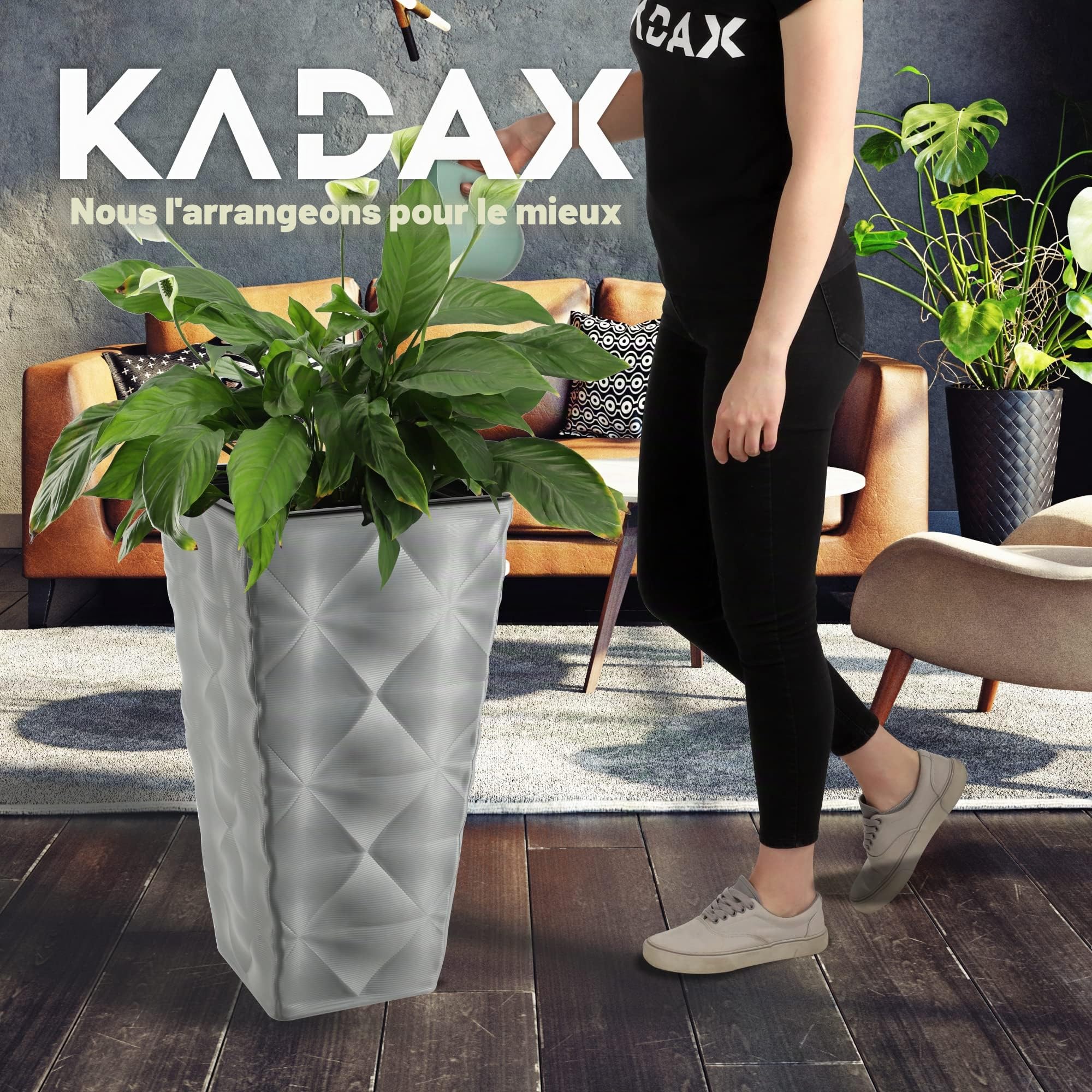 KADAX Pot de fleurs avec effet 3D, bac à fleurs en plastique en 4 couleurs, bac à plantes avec insert et poignées pratiques, pot en plastique, pot pour plantes d'extérieur (gris hauteur : 55,5 cm)