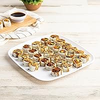 Vista 5 de Plasticpro Plastic Serving Trays - Serving Platters Disposable Party Dish White, (4, Round Black Tray with Gold Rim)