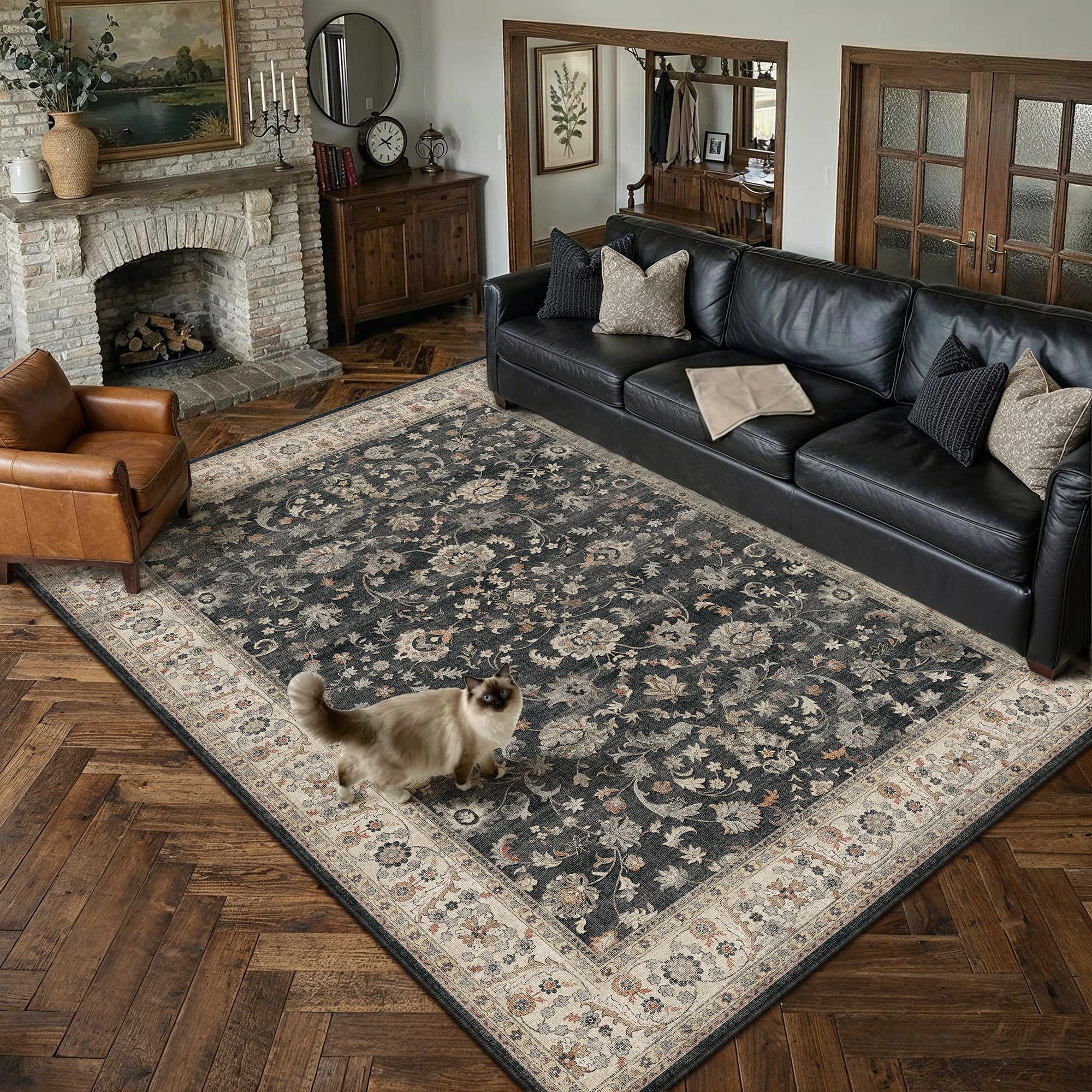 PureCozy Black Beige Area Rug 6x9 Vintage Floral Distressed