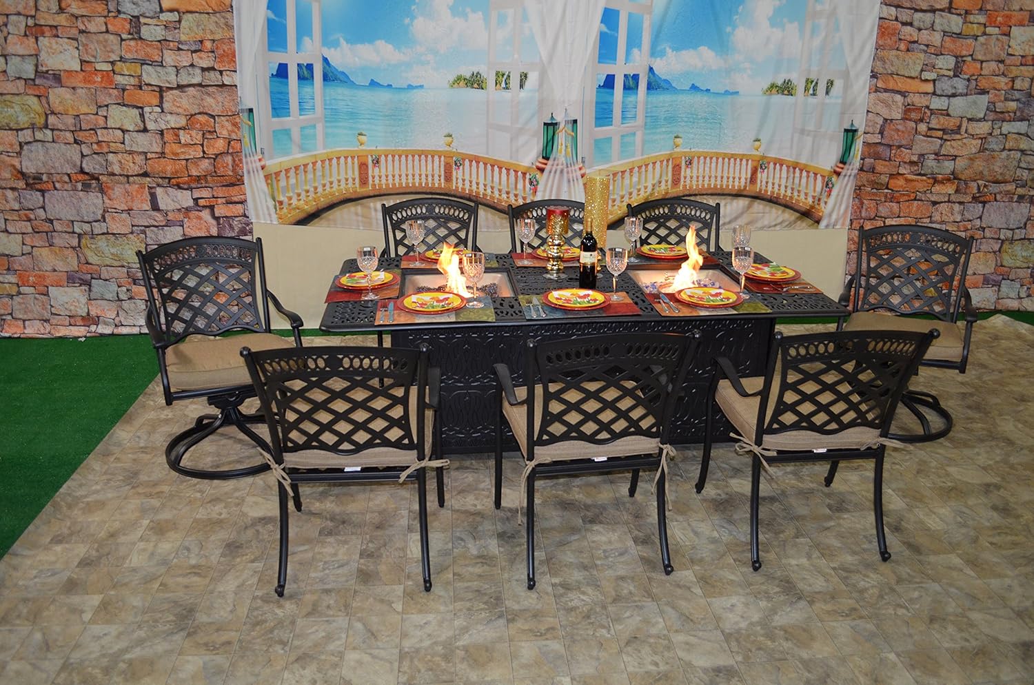 Outdoor Cast Aluminum Powder Coated 9-Piece Dining Set with 44x84 Double Burner Table (St Augustine Chairs) - Antique Bronze