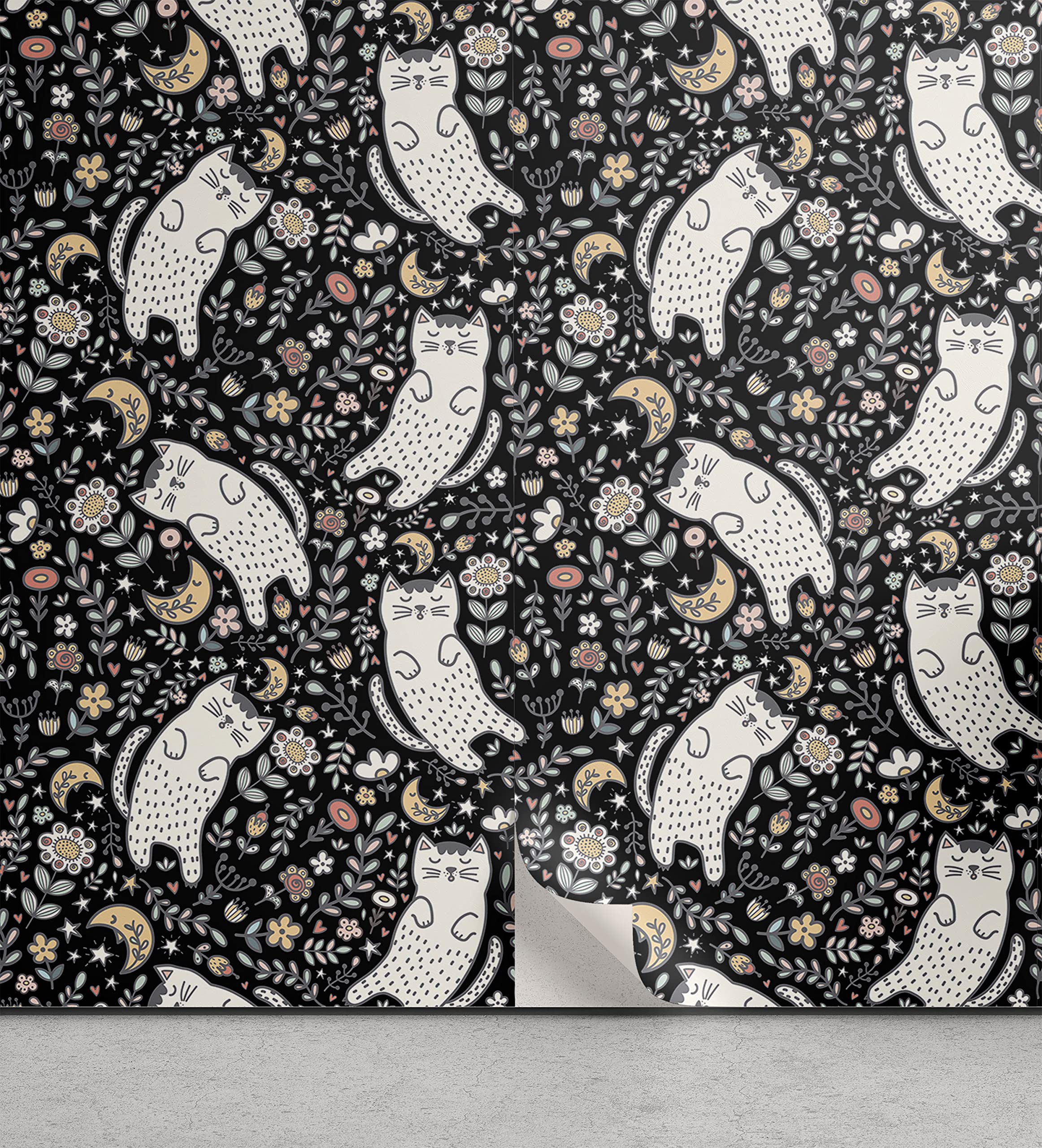 Lunarable Kittens Peel & Stick Wallpaper for Home, Repetitive Jumble Pattern of Cats Flowers and Moon Nighttime Layout, Self-Adhesive Living Room Kitchen Accent, 13" x 36", Charcoal Grey Multicolor