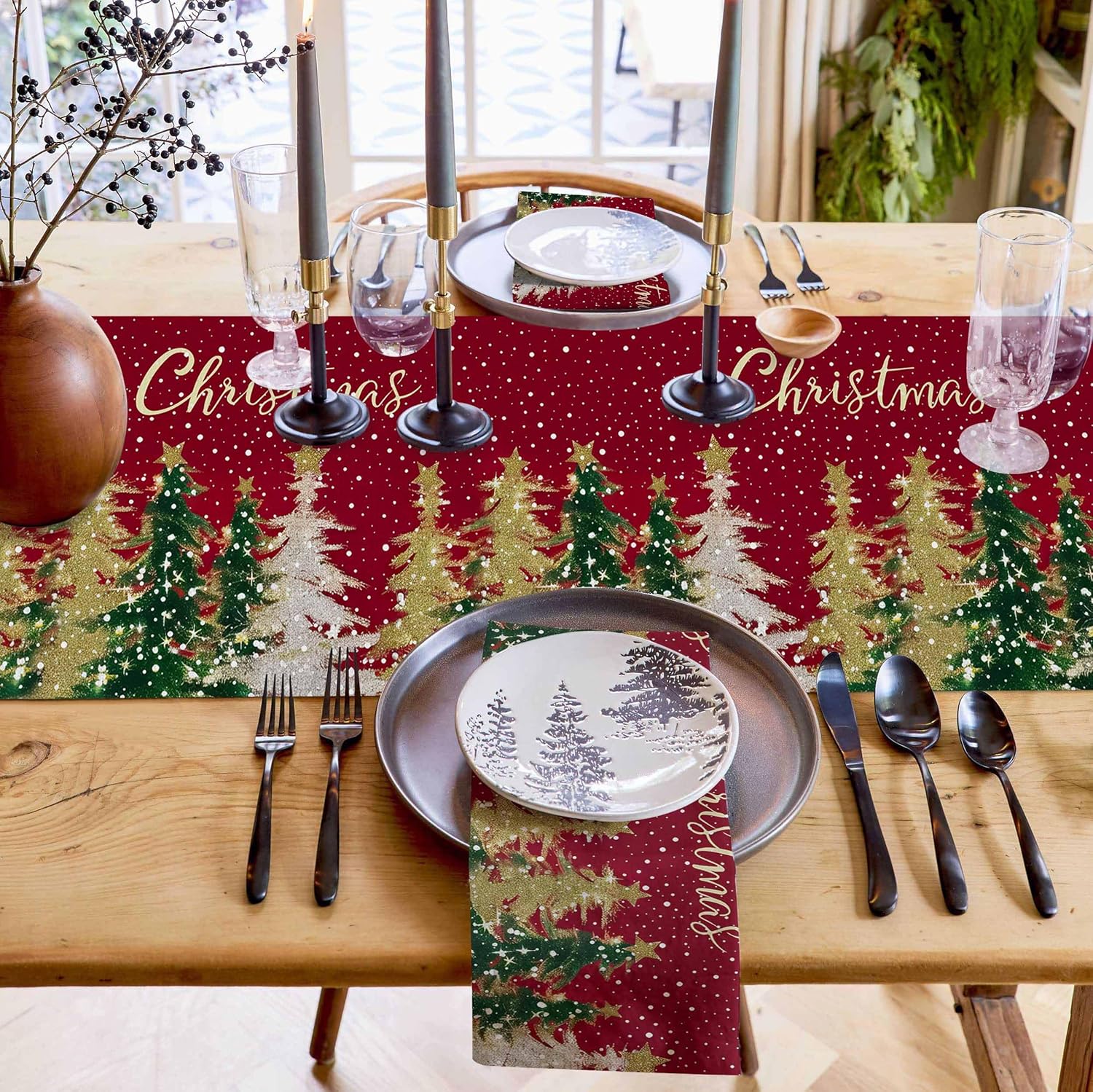 Merry Christmas Table Runner Winter Falling Snow Kitchen Dining Table Holiday Decoration Xmas Tree Dark Red Table Cover for Indoor Outdoor Home Party Decor 13 x 108 Inch