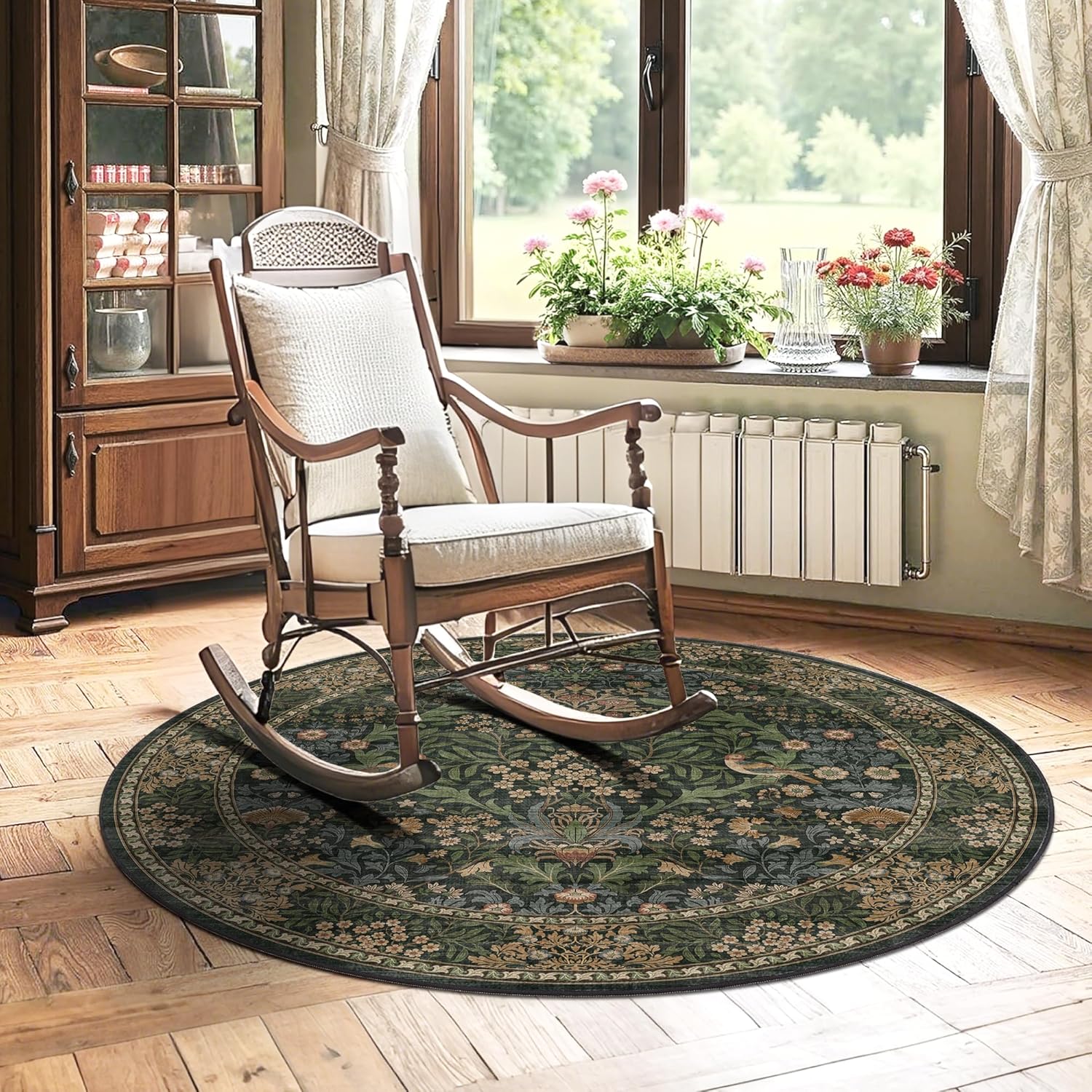4ft Round Area Rugs for Living Room, Washable Floral Circle Rug Non Slip Low Pile, Vintage Boho Botanical Birds Throw Carpet for Farmhouse, Bedroom, Dining Room, Retro Gold/Green