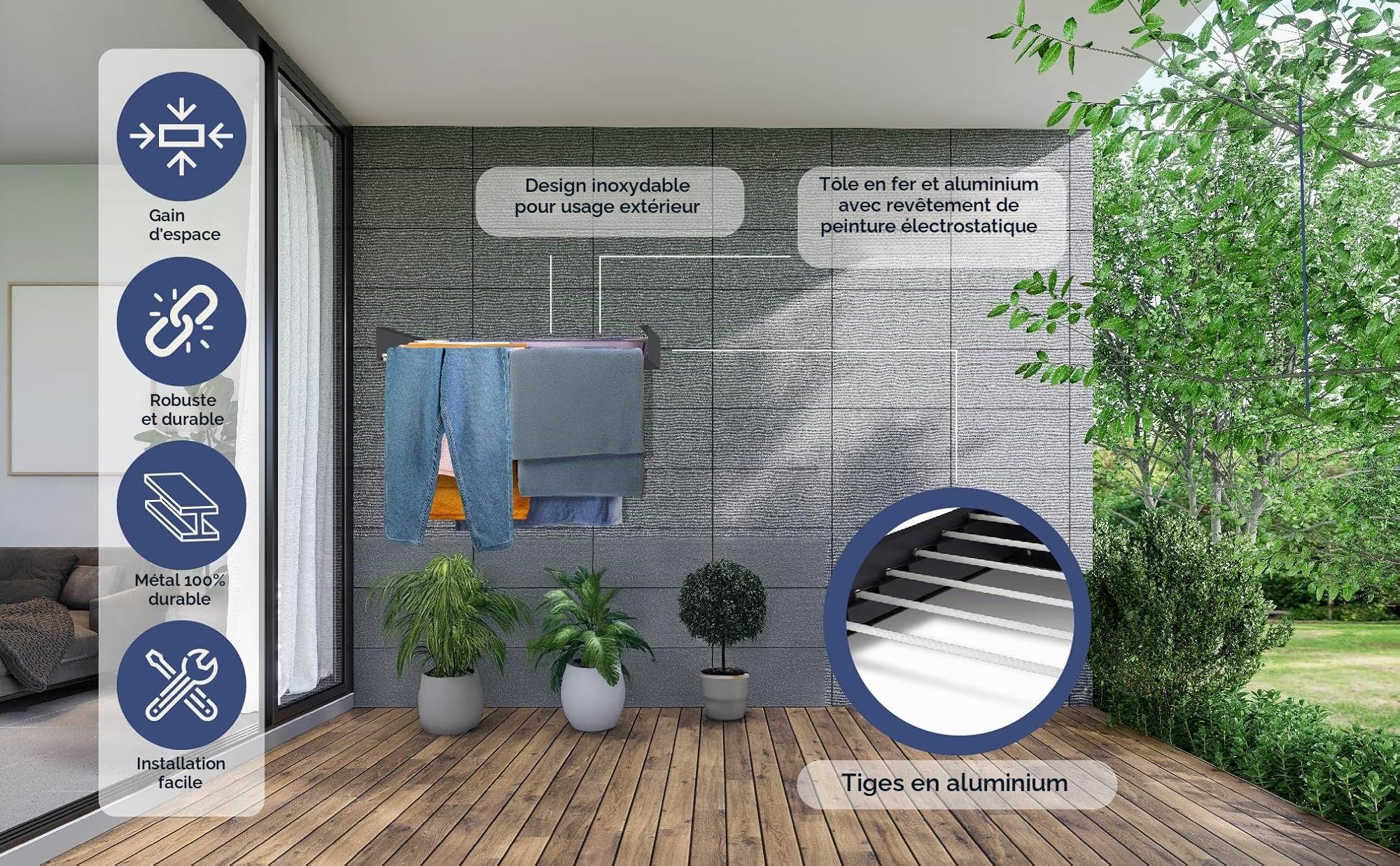 HYK Étendoir à linge mural pliable, capacité de 35 kg, utilisation intérieure et extérieure, facile à installer, étendoir rétractable pour linge, chambre à coucher, jardin (BLANC, 70 cm)