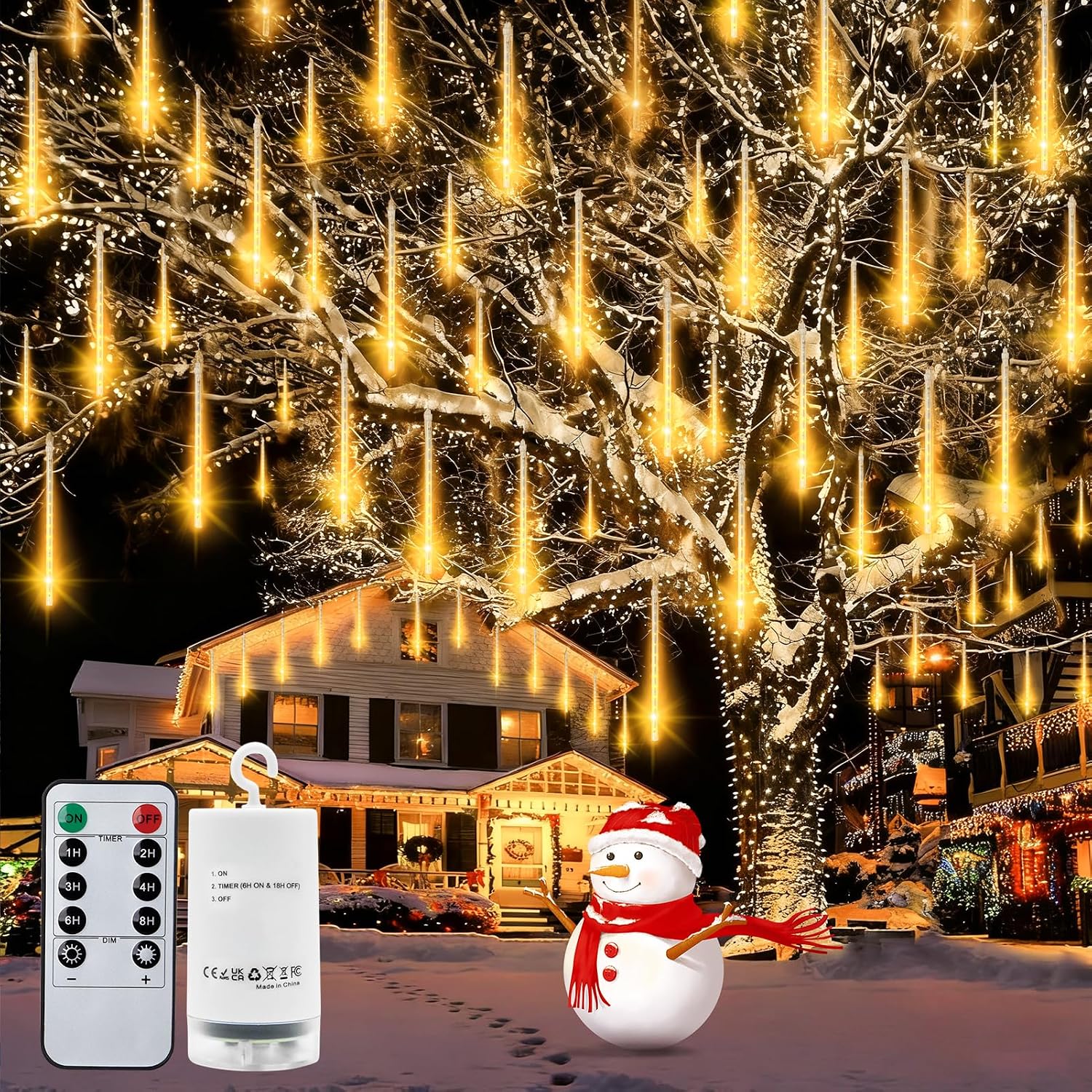 Christmas Meteor Shower Lights Battery Powered 192 LED Icicle Falling Light