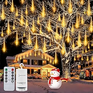 Christmas Meteor Shower Lights Battery Powered, Waterproof 192 LED Icicle Snow Falling Lights with Remote Timer Raindrop Light for Tree Yard Patio Christmas Party Outdoor Decor(Warm White)