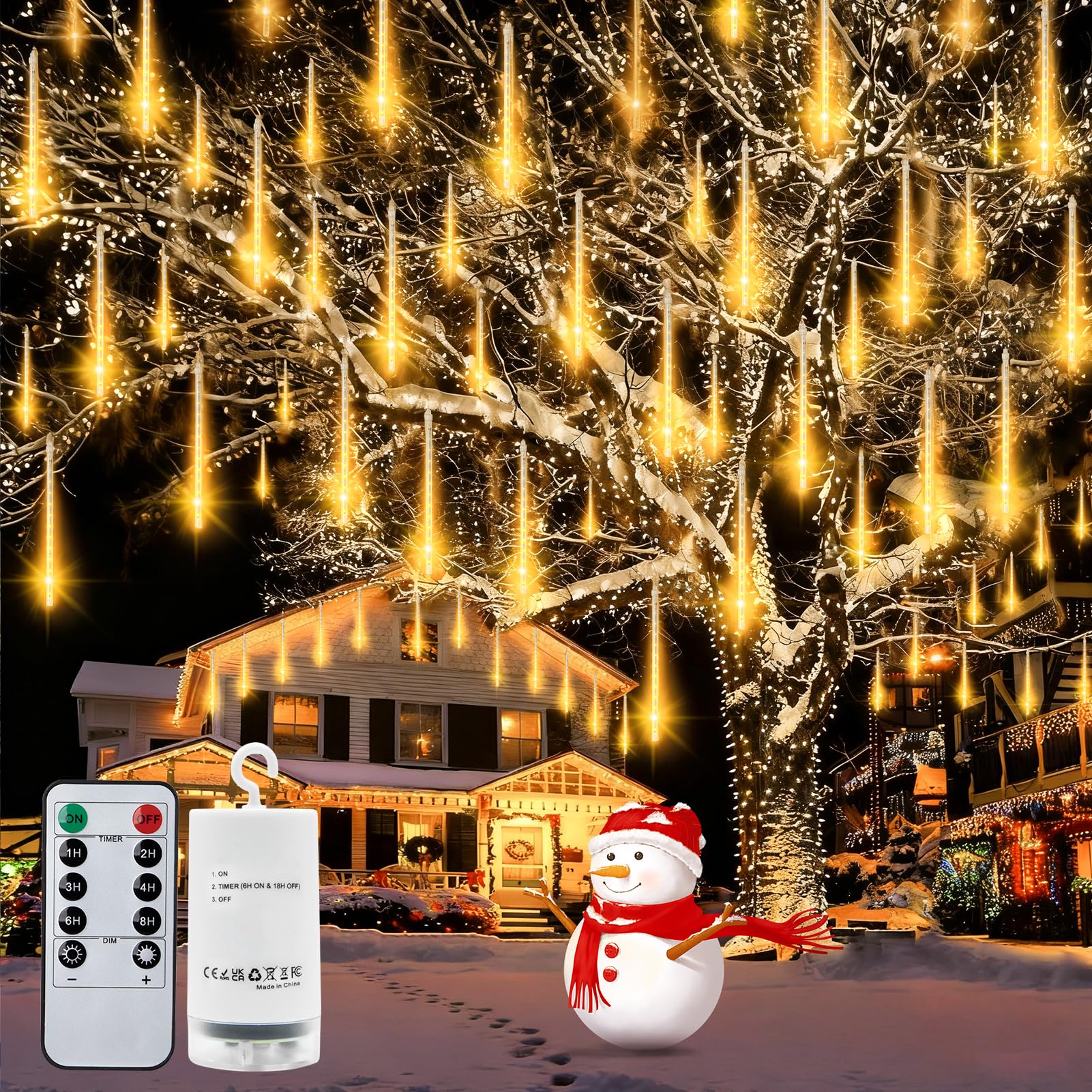 CCILAND Meteor Shower Lights Outdoor, 8 Tubes 144 LED Christmas Falling Rain Lights Battery with Remote Waterproof Icicle String Lights for Garden Party Wedding Xmas Decor - Warm White