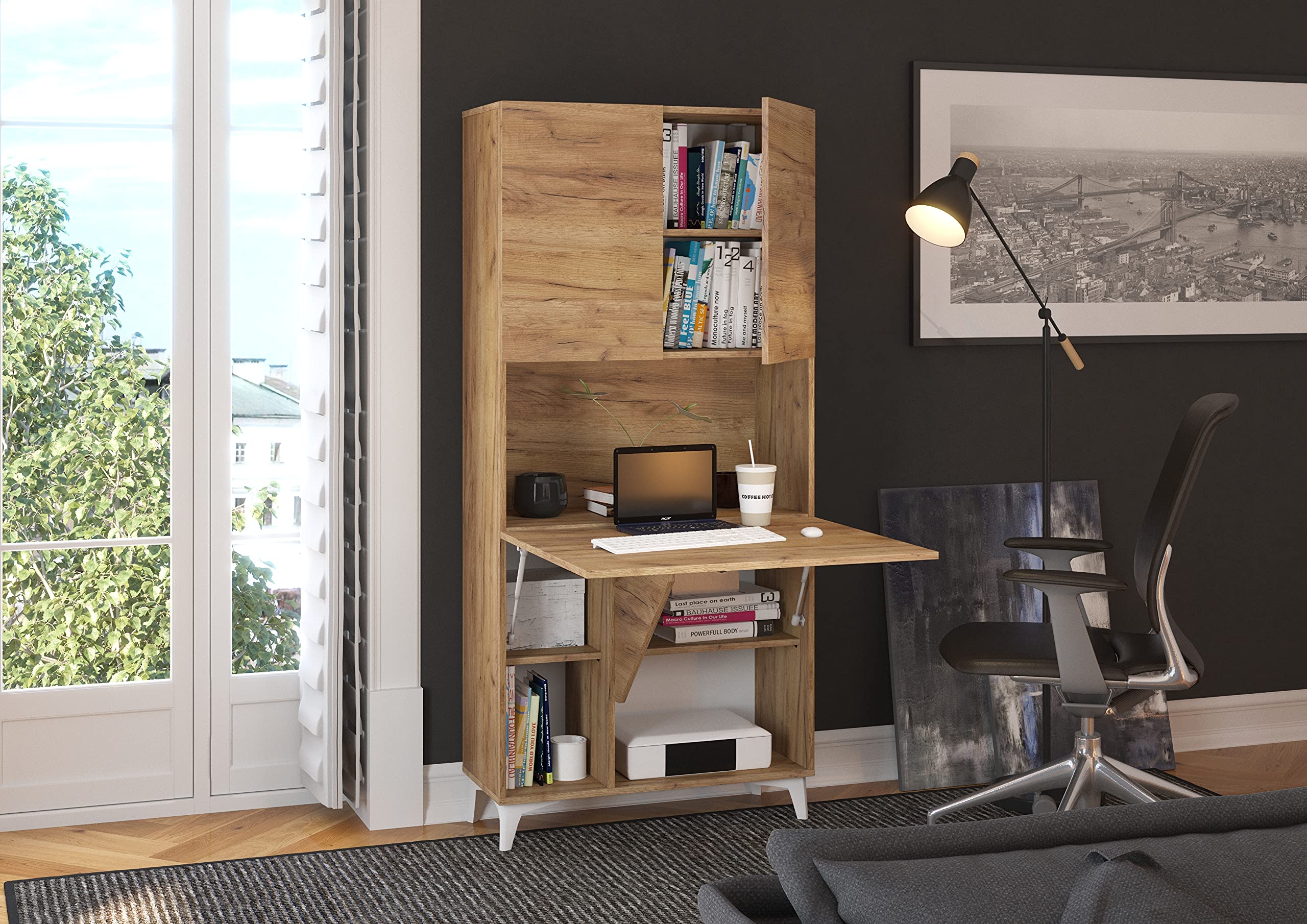 BIM Furniture Megan - Escritorio plegable (1 estante, oficina doméstica, mesa de pared, ordenador portátil, mesa plegable (artesanía dorada)