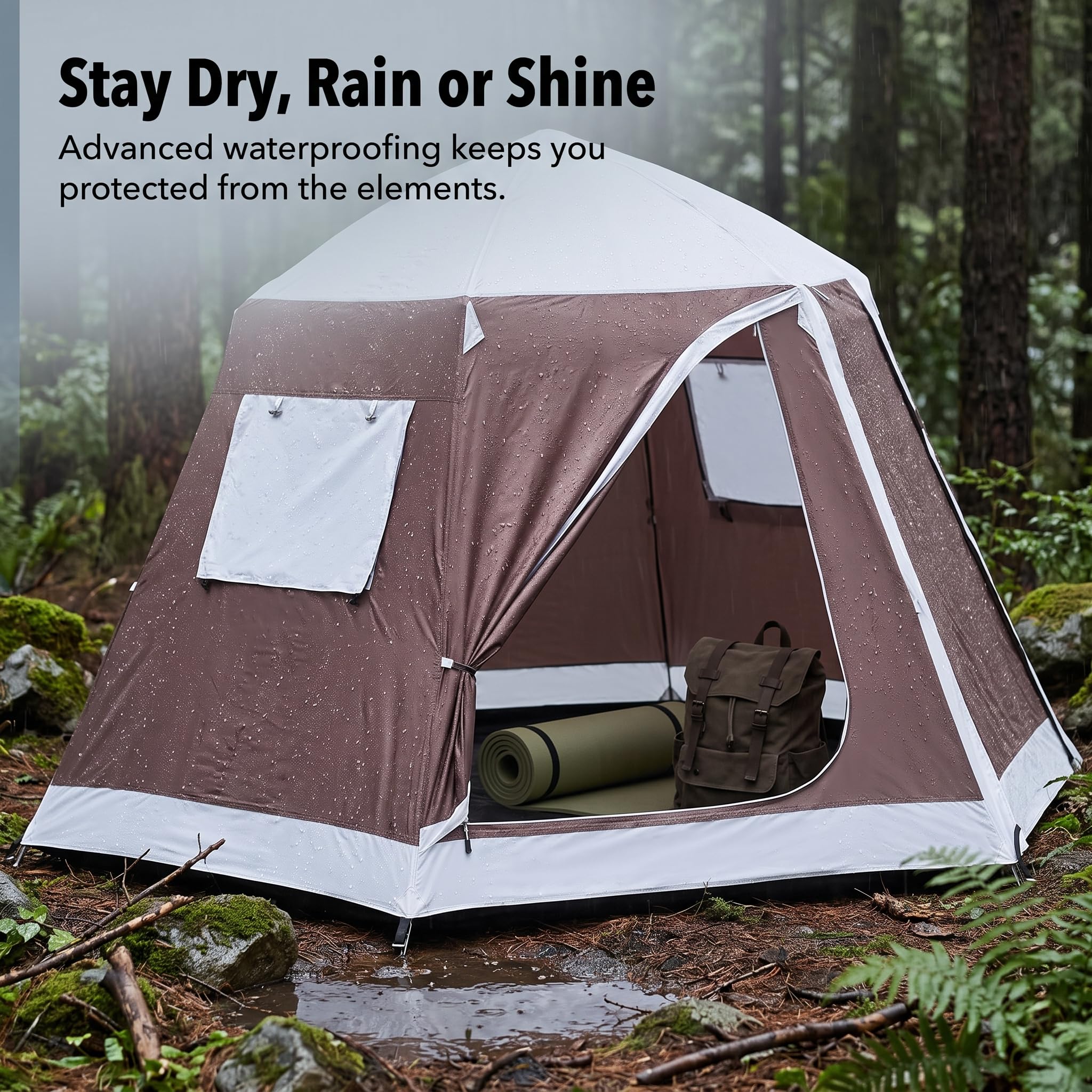 Doppelwandiges Camping Zelt aus Polyester und Oxford-Gewebe für Outdoor-Abenteuer, Kaffeebraun mit Weißgrau (Außenzelt) Doppelschicht, Doppelschichtzelt, Kaffeebraun mit Weißgrau, Braun