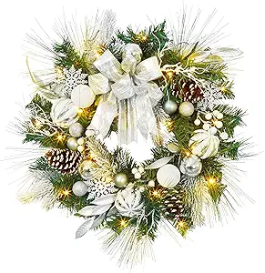 24 inch Lighted Christmas Wreath with LED Lights Indoor Outdoor Battery Operated Christmas Wreath Decoration Xmas Wreath for Fireplace Front Door Holiday Home Decor