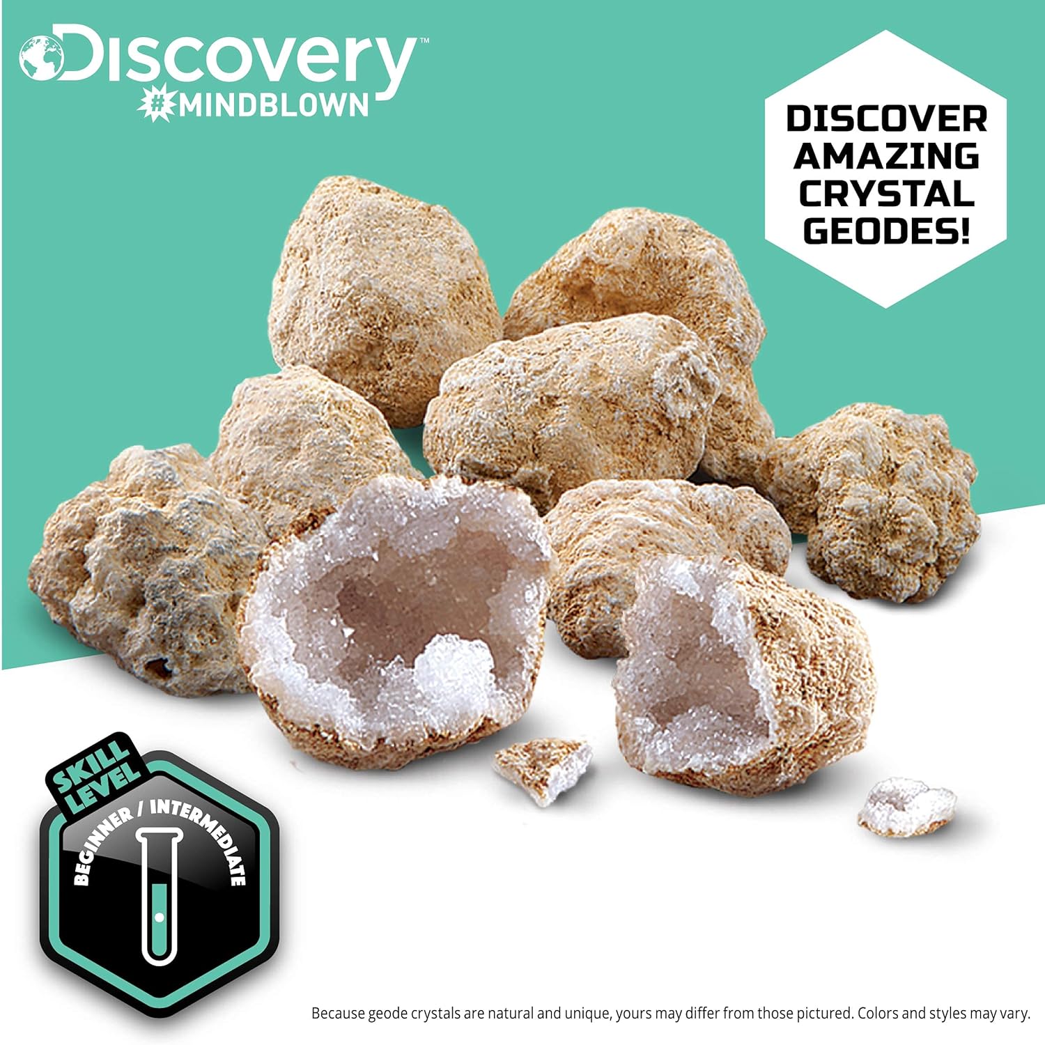 Discovery™ Mystery Crystal Geode Kit – Crack Open 10 Real Quartz Geodes| Includes Goggles, Magnifying Glass & Display Stands| Educational STEM Geology Toy for Kids| Science Activity Set Gift| Ages 6+ - Image 5