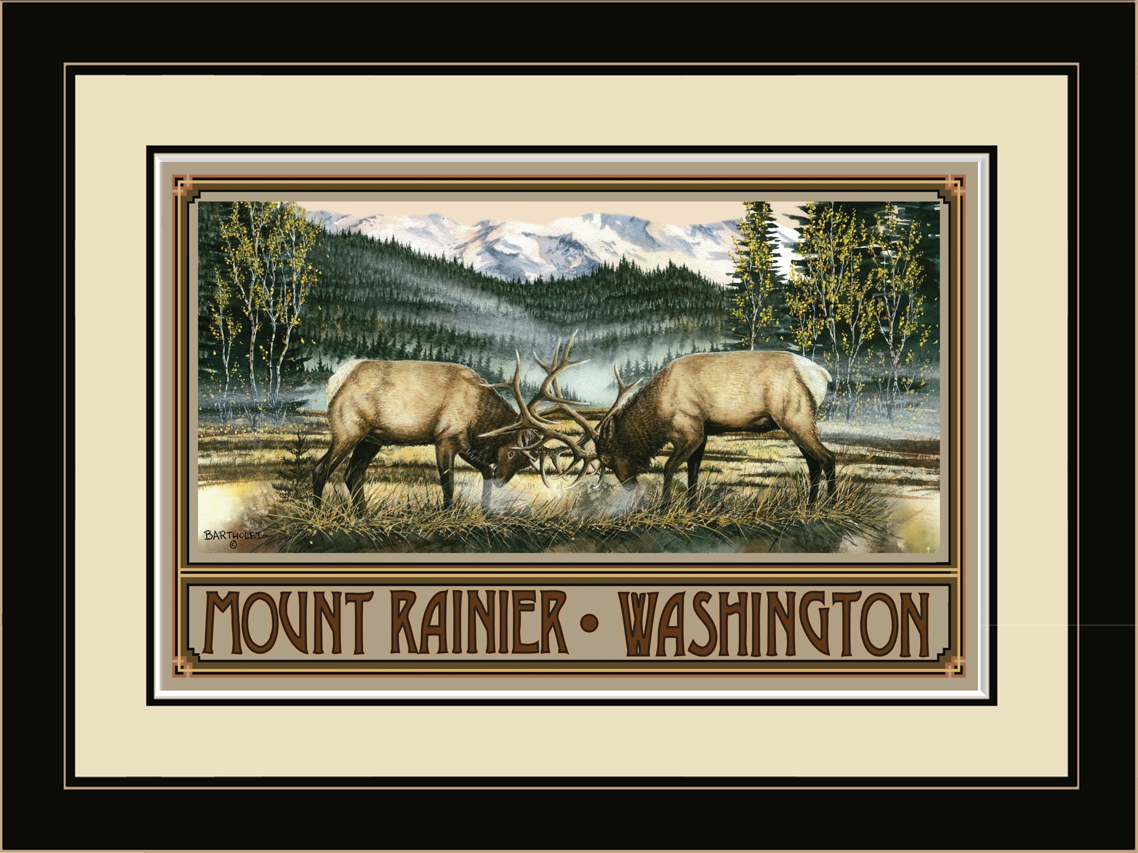 Northwest Art Mall BA-4730 LFGDM CT Mount Rainier Washington Elk Framed Wall Art by Artist Dave Bartholet, 20" x 26"