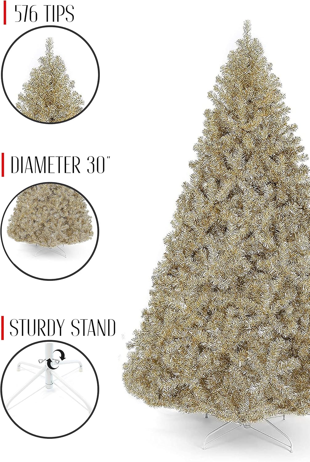 Perfect Holiday 6' Metallic Gold Tinsel Tree | 1000 Tips, Dia 41" | White Metal Stand,PVC-6GD