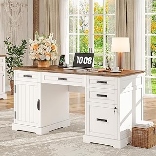 Whalefall 55'' Farmhouse Desk Home Office with Drawers, Executive Computer Desk Wooden with File Cabinet and Charging Station, White