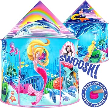 W&O Musical Mermaid Play Tent with Under-the-Sea Sound Button | Mermaid Tent for Girls with Under-the-Sea Sound Button & Ocean Theme. Great Gift for Indoor or Outdoor Play, Ages 3-7
