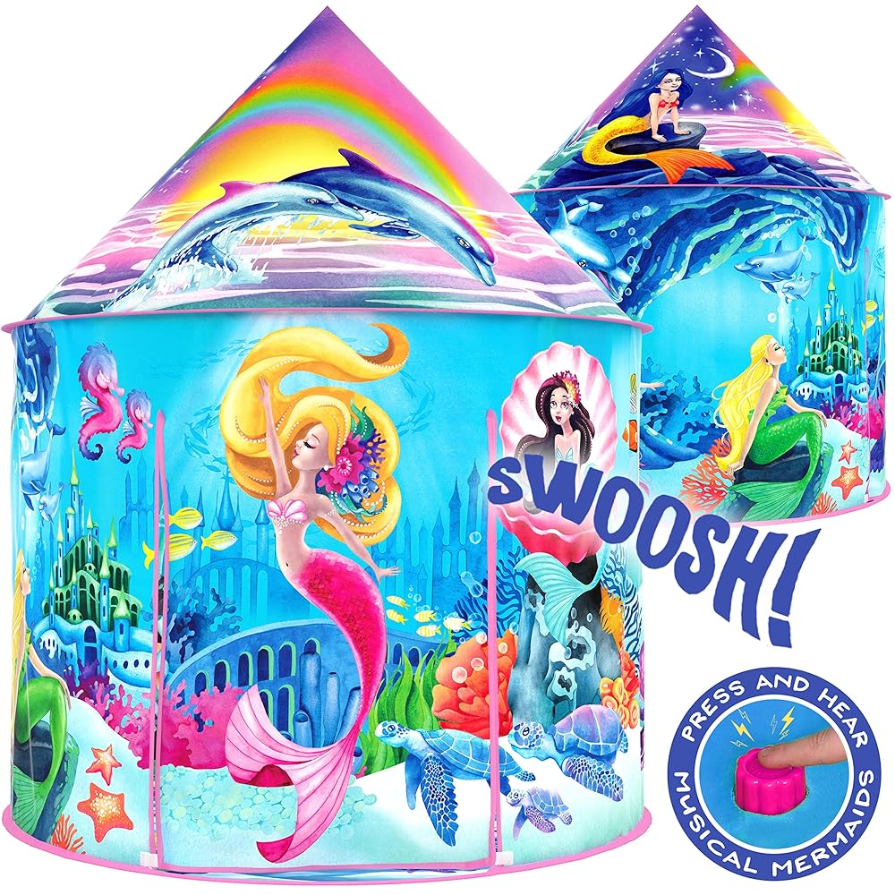 W&O Musical Mermaid Tent with Under-The-Sea Button - Captivating Pop Up Tent for Girls - Perfect for Indoor & Outdoor Play