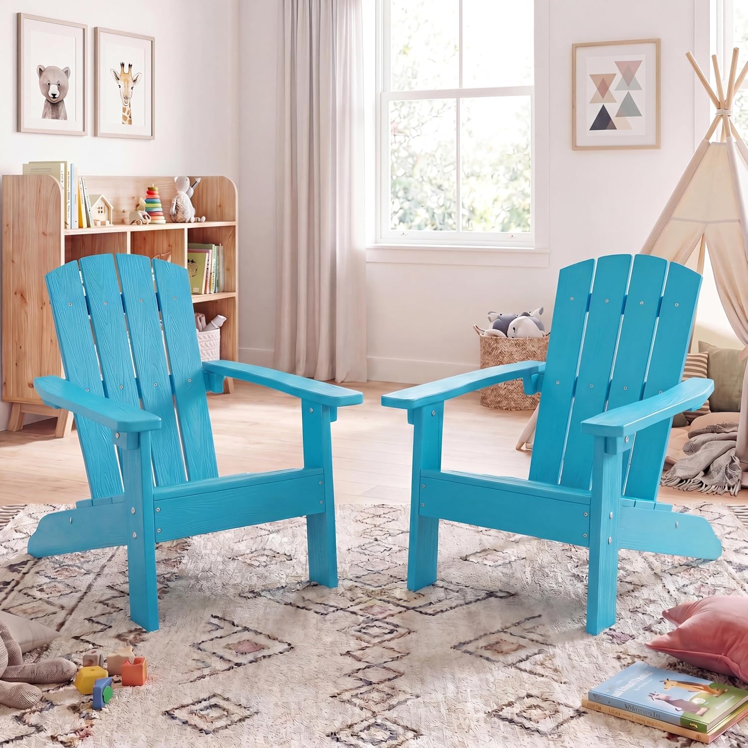 Costzon Kids Adirondack Chair, All-Weather HIPS Patio Chair with High Backrest, Armrests, Fire Pit Chair for Kids Ages 3-8, Indoor Outdoor Kids Patio Lounge Chair for Garden, Lawn, Yard (2, Turquoise)