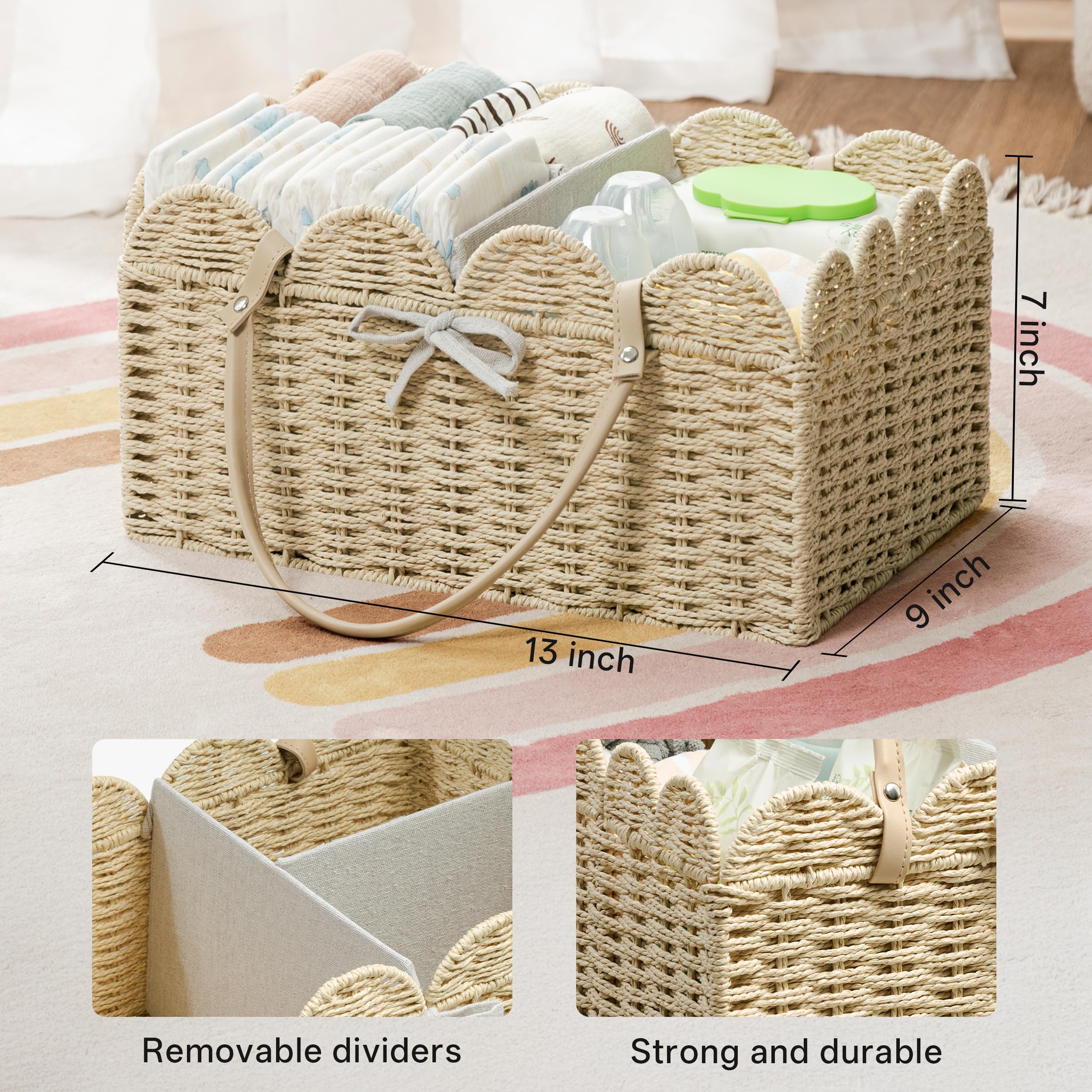 Angelhood Organizador de pañales de cuerda de papel festoneado, organizador de pañales para bebé con divisores para cambiador, guardería y coche, cesta de regalo portátil para bebé