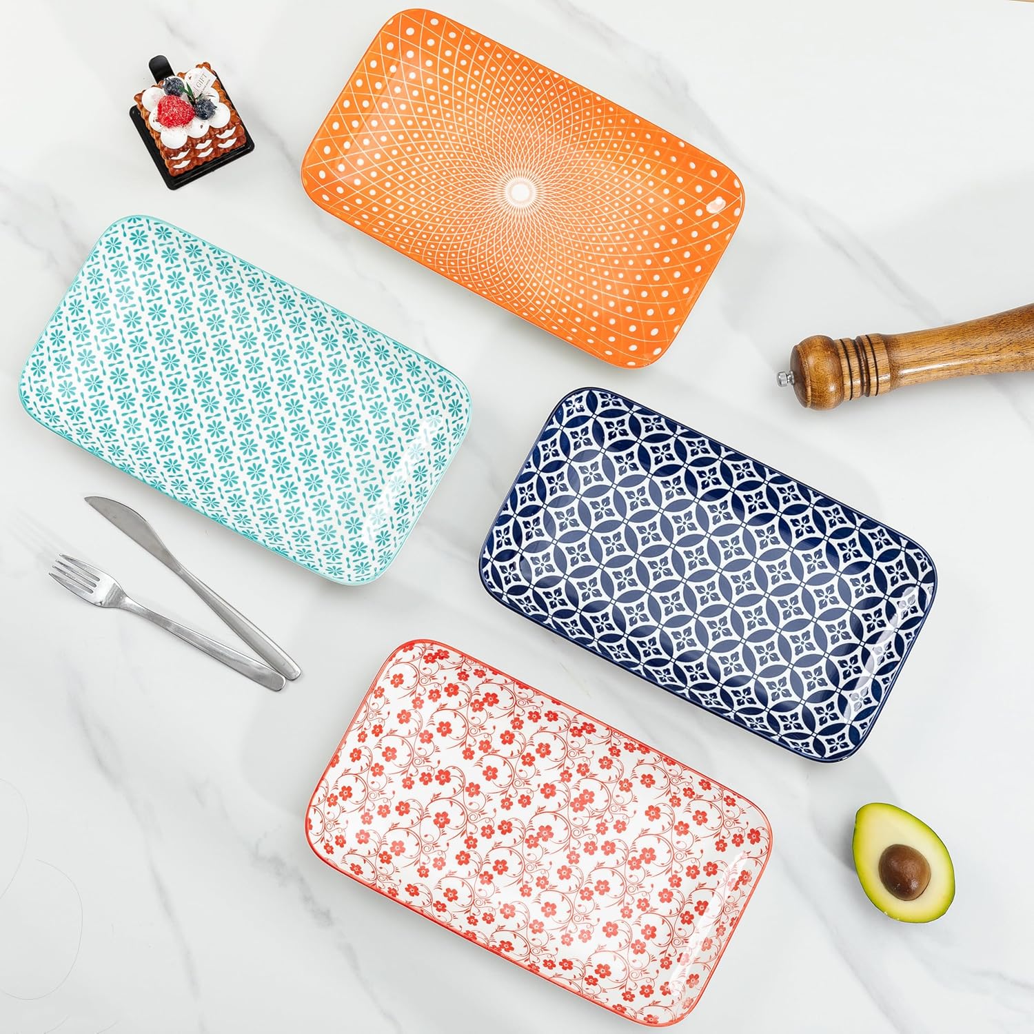 LEHAHA Ceramic Serving Platter, 12 x 7 inch Serving Trays for Party, Rectangular Serving Trays for Entertaining, Excellent Trays for Serving Food,Fruit,Cakes,Appetizers-Set of 4