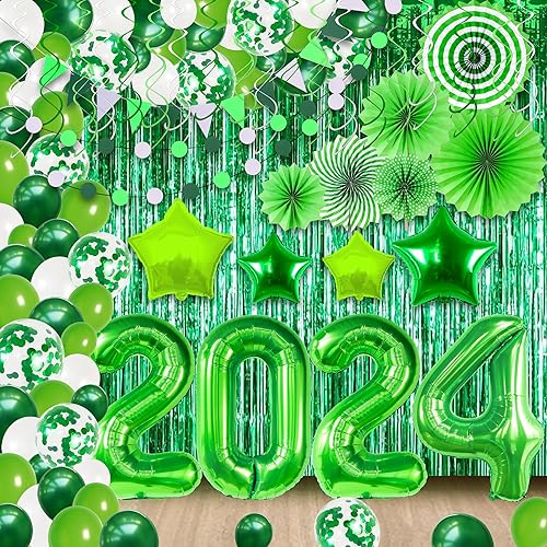 KatchOn, Green and White NYE Decorations 2024 - Huge Set, Pack of 158 2024 Balloon Arch Kit with Green Fringe Backdrop New Years Eve Party