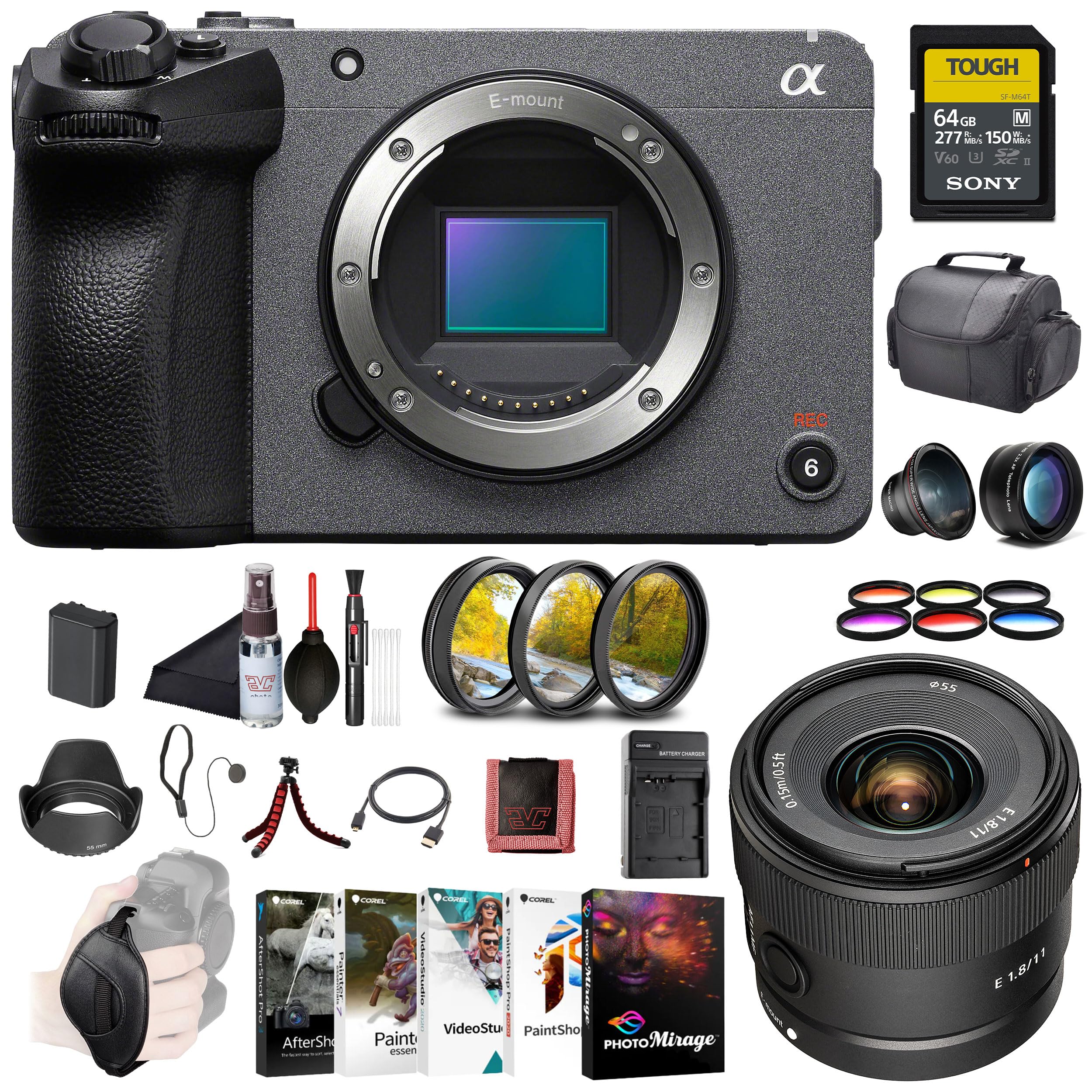 Sony FX30 Cinema Line Camera Body (ILME-FX30B) – 26MP APS-C Sensor | 4K Super 35 Recording E 11mm Lens, 64GB SF-G Tough Card, Filter Kit, Wide Angle