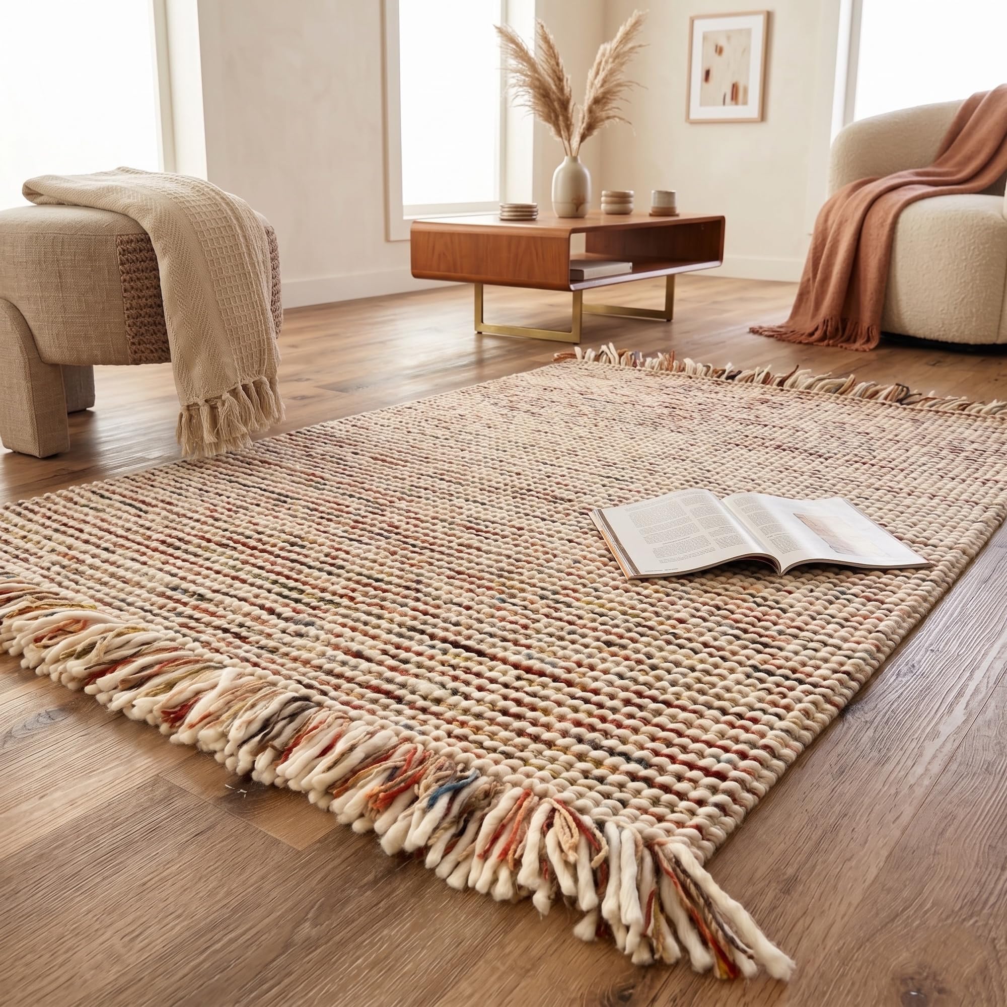Rita Rugs Home Cara, 100% New Zealand Wool, Exquisite, Unique and Chunky Hand Woven Woollen Area Rug for Bedroom, Living Room, Boho, Farmhouse, Modern, Multi, 90 x 150 cm, 3ft x 5ft