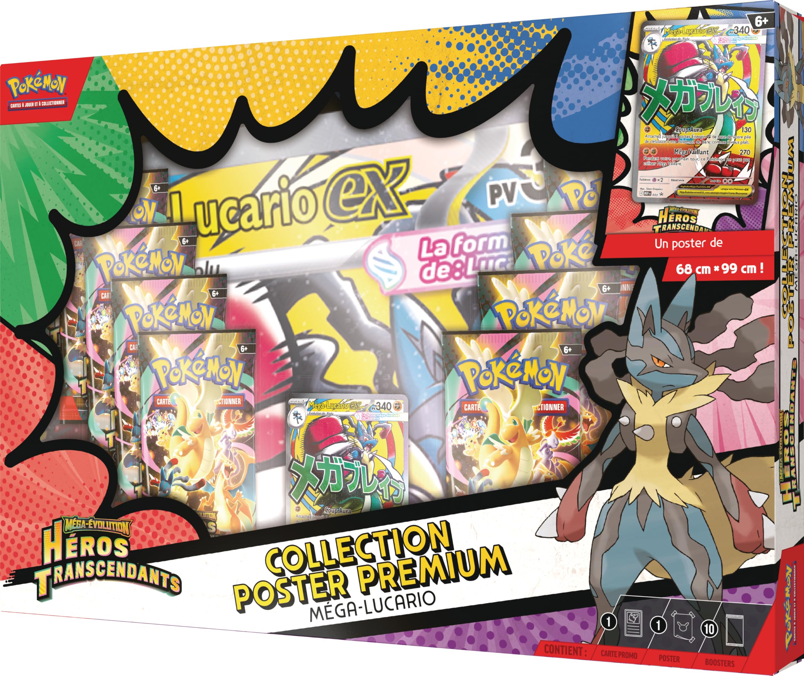Pokémon : Collection Poster Premium Méga-Évolution – Héros Transcendants – Méga-Lucario (1 Carte Promo Brillante, 1 Poster Double Face et 10 boosters)