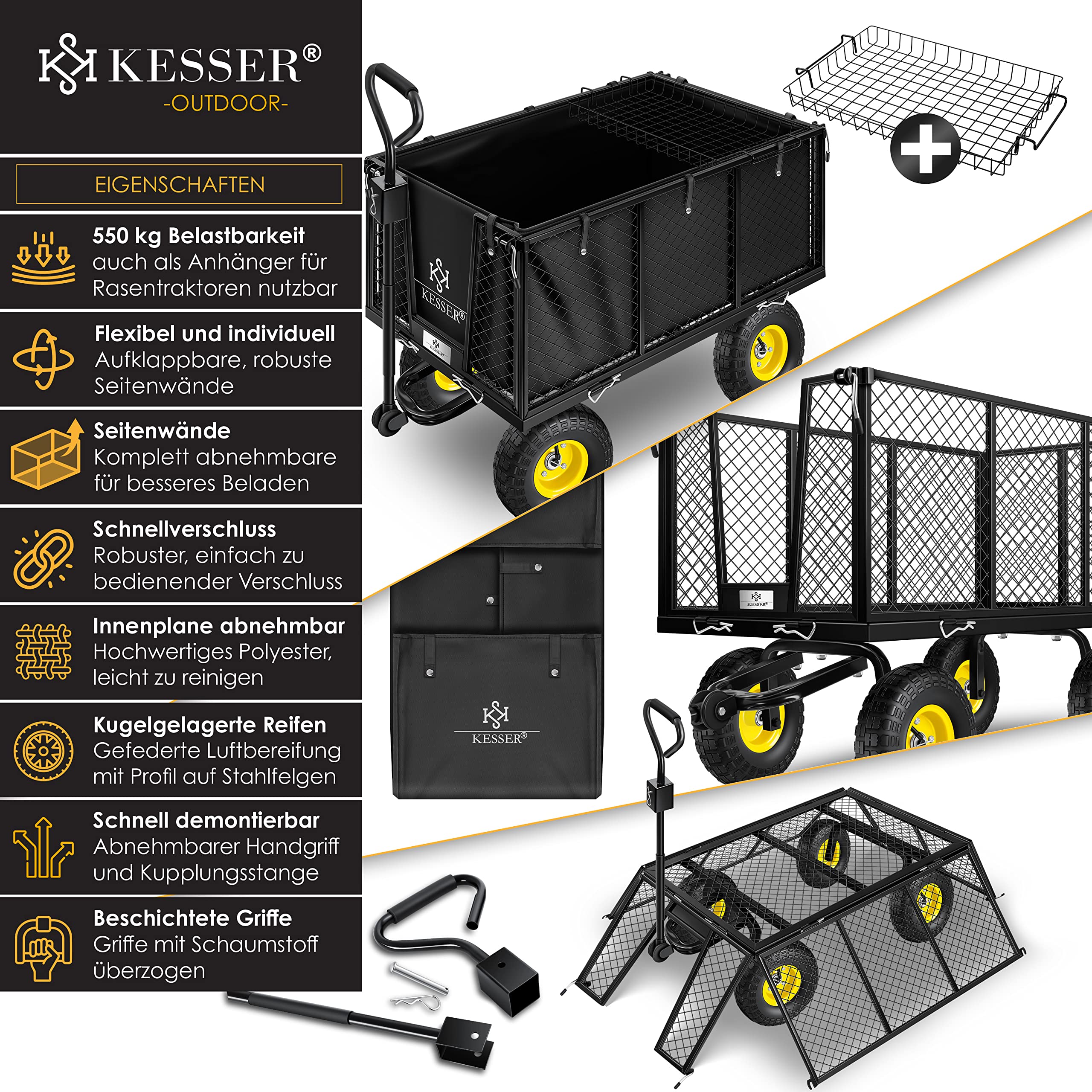 KESSER® 550 kg Carro de Mano, Carro de jardín, Carro de Transporte, Lona Desmontable, Carro de Equipamiento, Versátil, Incluye Guantes, Negro
