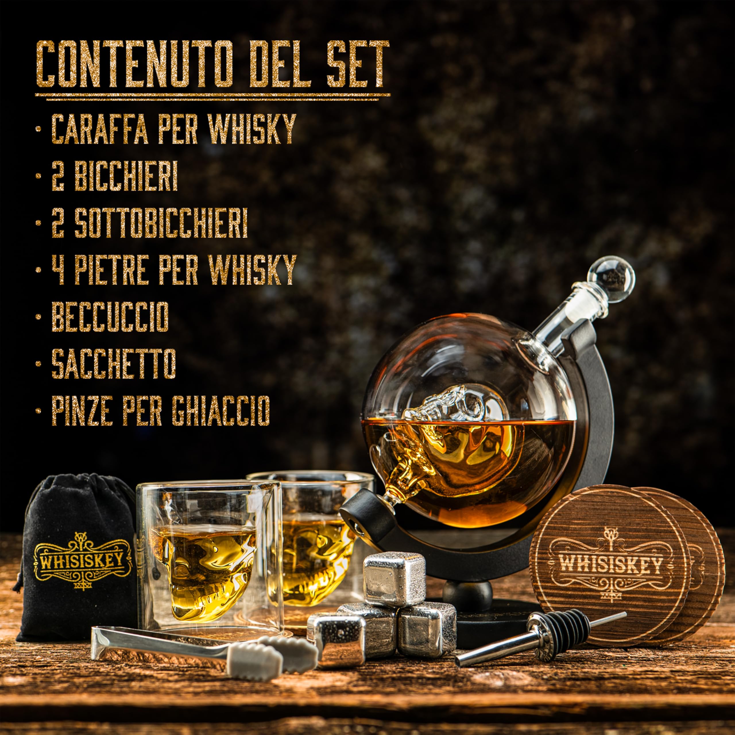 WHISISKEY Decanter per Whisky - Set Whisky Regalo - Idee Regalo Uomo Compleanno - Cranio Decanter 900ML, Scatola Regalo, 2 Bicchieri da Whisky x 125ML, 4 Pietre di Whisky, Accessori