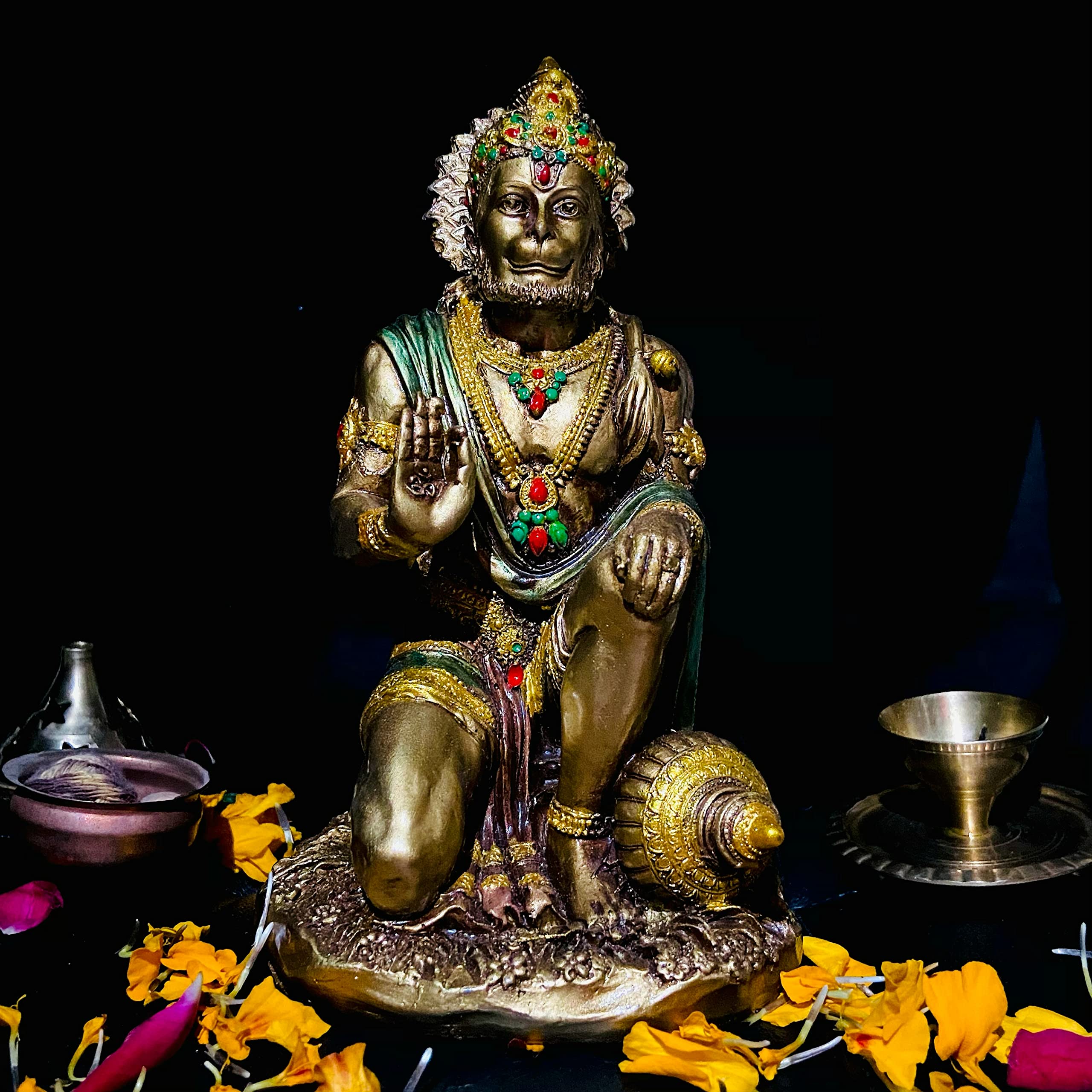 V.S. VISKAA Store Lord Hanuman Statue Metal Finish for Pooja/Puja Mandir Room, Hanuman Ji Murti Sitting Decorative Bajrangbali Showpiece Idol, Home & Office Decor Article, Marriage Gift - Gold (7 x 4 x 4) Inches (MLH01)