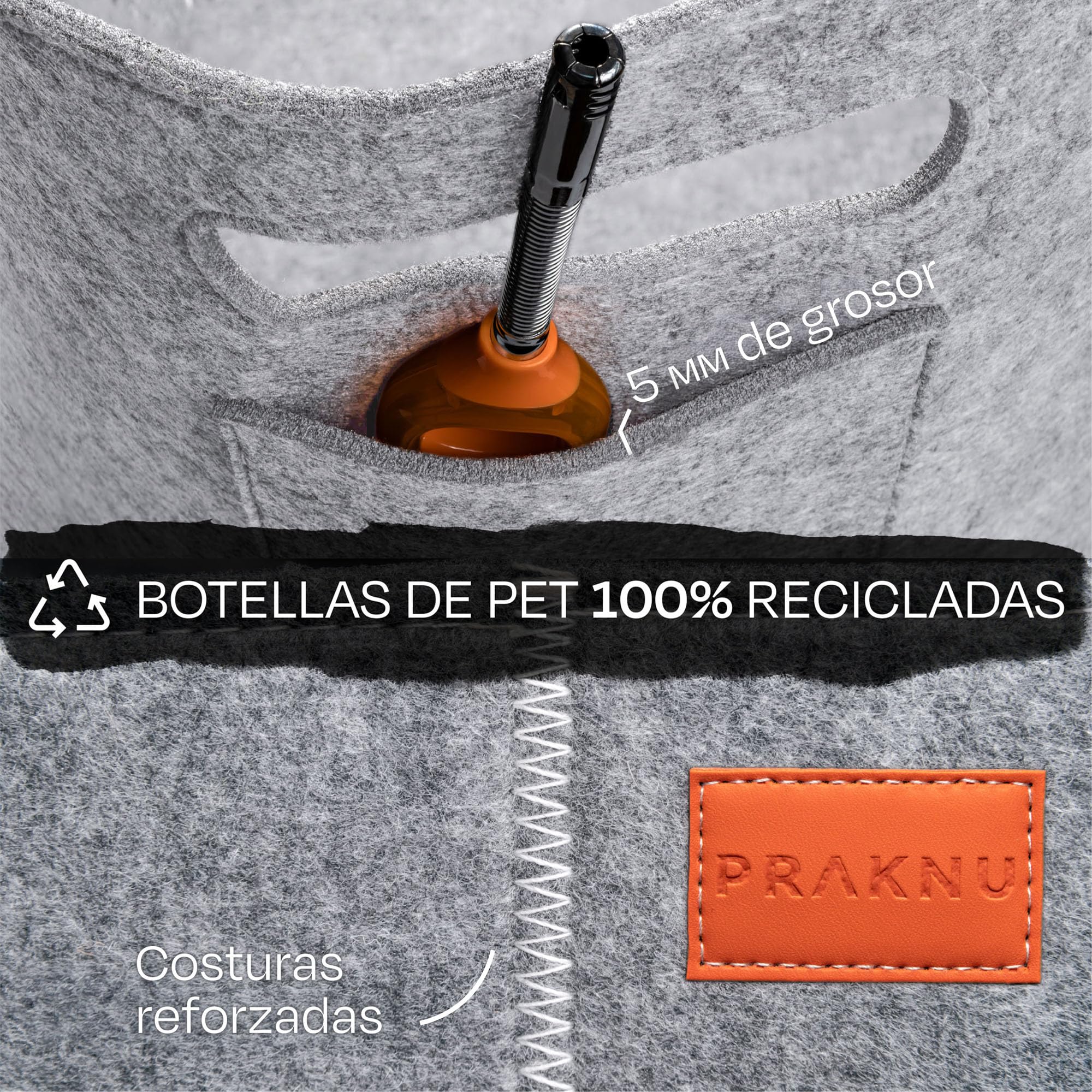 Praknu Cesto para Leña Interior - Grande - De Fieltro Reciclado - Con Asas de Transporte - Bolsa de Fieltro para Almacenar Leña de Chimenea y Más - Gris