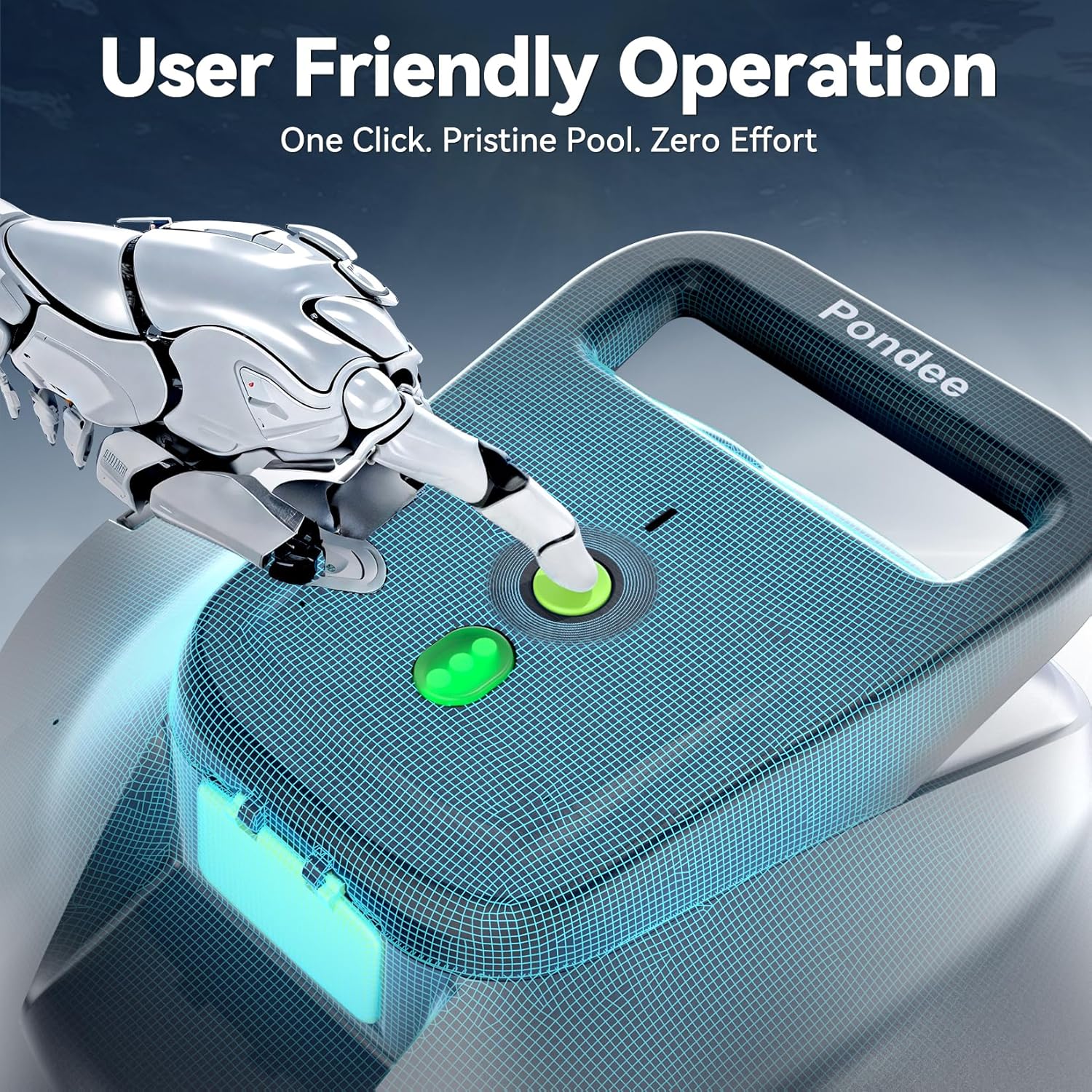 Close-up of a robotic hand pressing the single green button on the Pondee X1 for user-friendly operation.