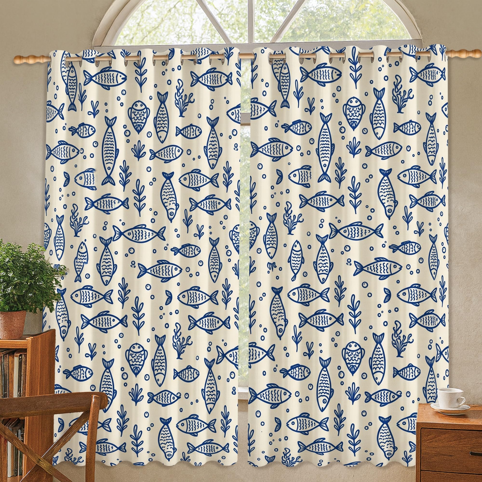Rideau occultant thermique bleu motif poisson pour fenêtre chambre et salon