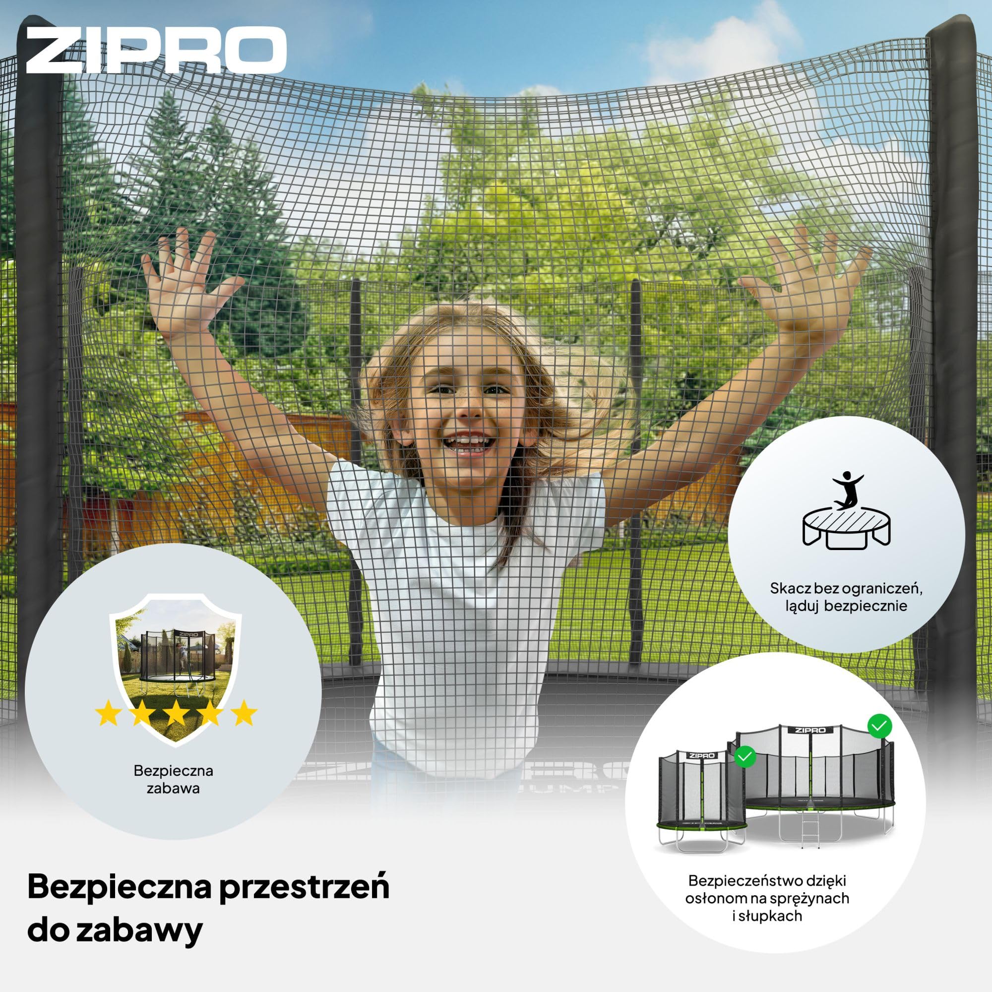 ZIPRO JumpPro OUT Trampolina Ogrodowa, Trampolina dla Dzieci, z Siatką Zewnętrzną, Odporna, Ochrona UV, Udźwig 100-150 kg