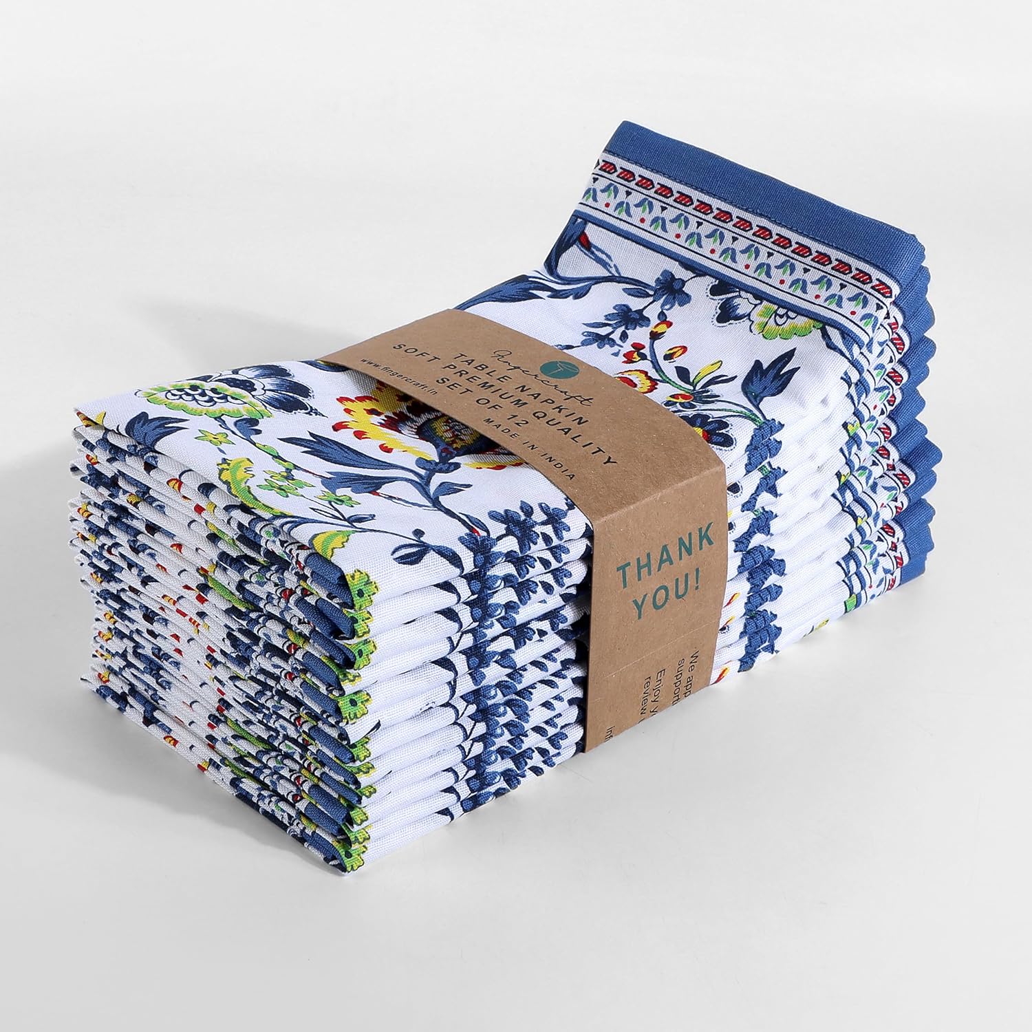 Fingercraft Blue Floral Cloth Napkins Set of 12 - 20x20 Inch Cotton Linen Blend Reusable Dinner Napkins for Parties, Weddings, Holidays