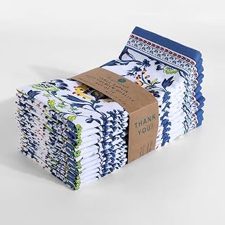 Fingercraft Blue Floral Cloth Napkins Set of 12 - 20x20 Inch Cotton Linen Blend Reusable Dinner Napkins for Parties, Weddings, Holidays