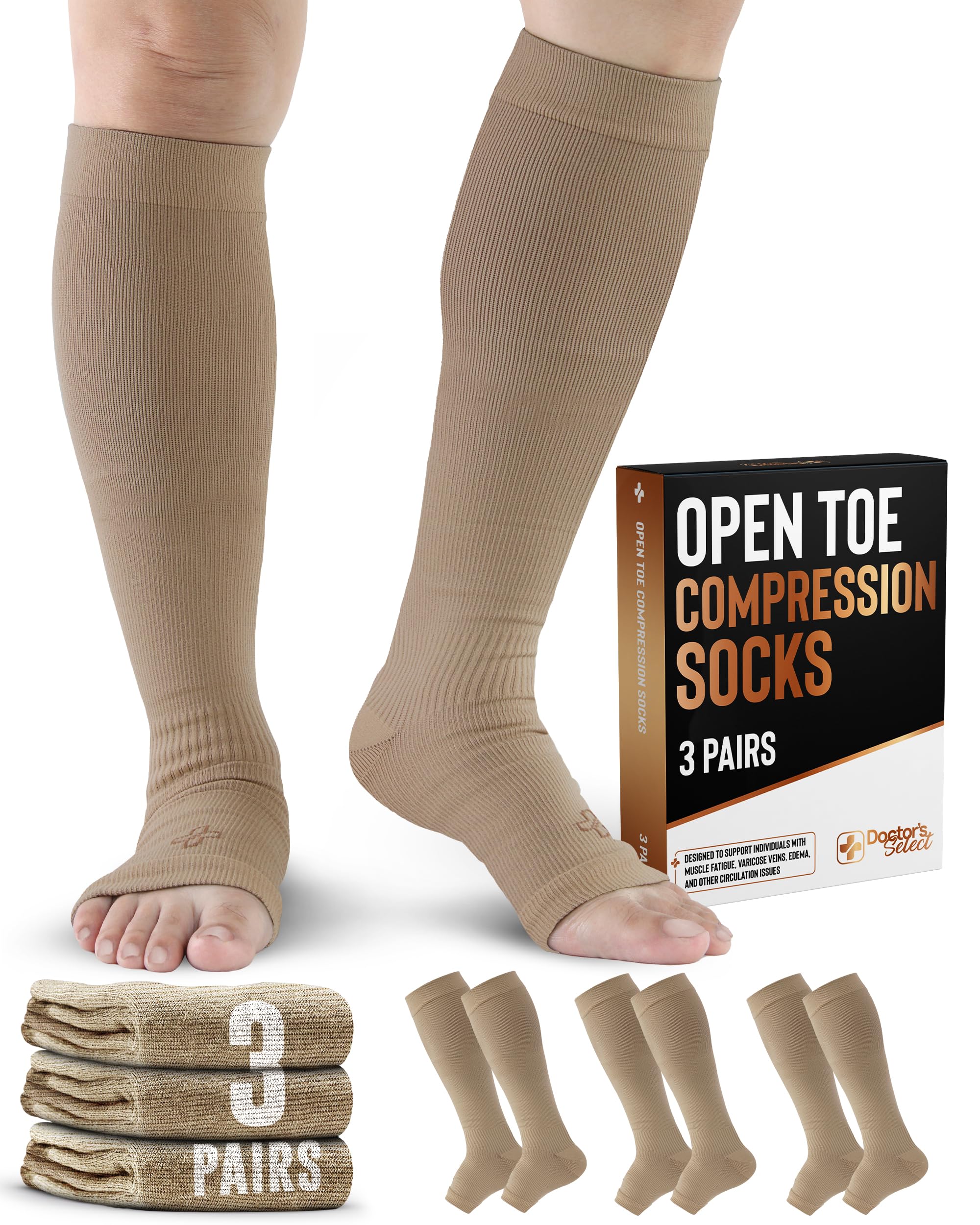Doctor's Select 3 Pairs Copper Toeless Compression Socks Women & Men - 20-30 mmHg Open Toe, Knee High, Nude Compression Socks, Compression Socks for Women Nude, Tan