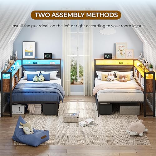 Miniatura 3 de Marco de cama esquinero con estantería de almacenamiento y luces LED, marcos de cama de tamaño individual con cabecera tapizada y estación de carga,