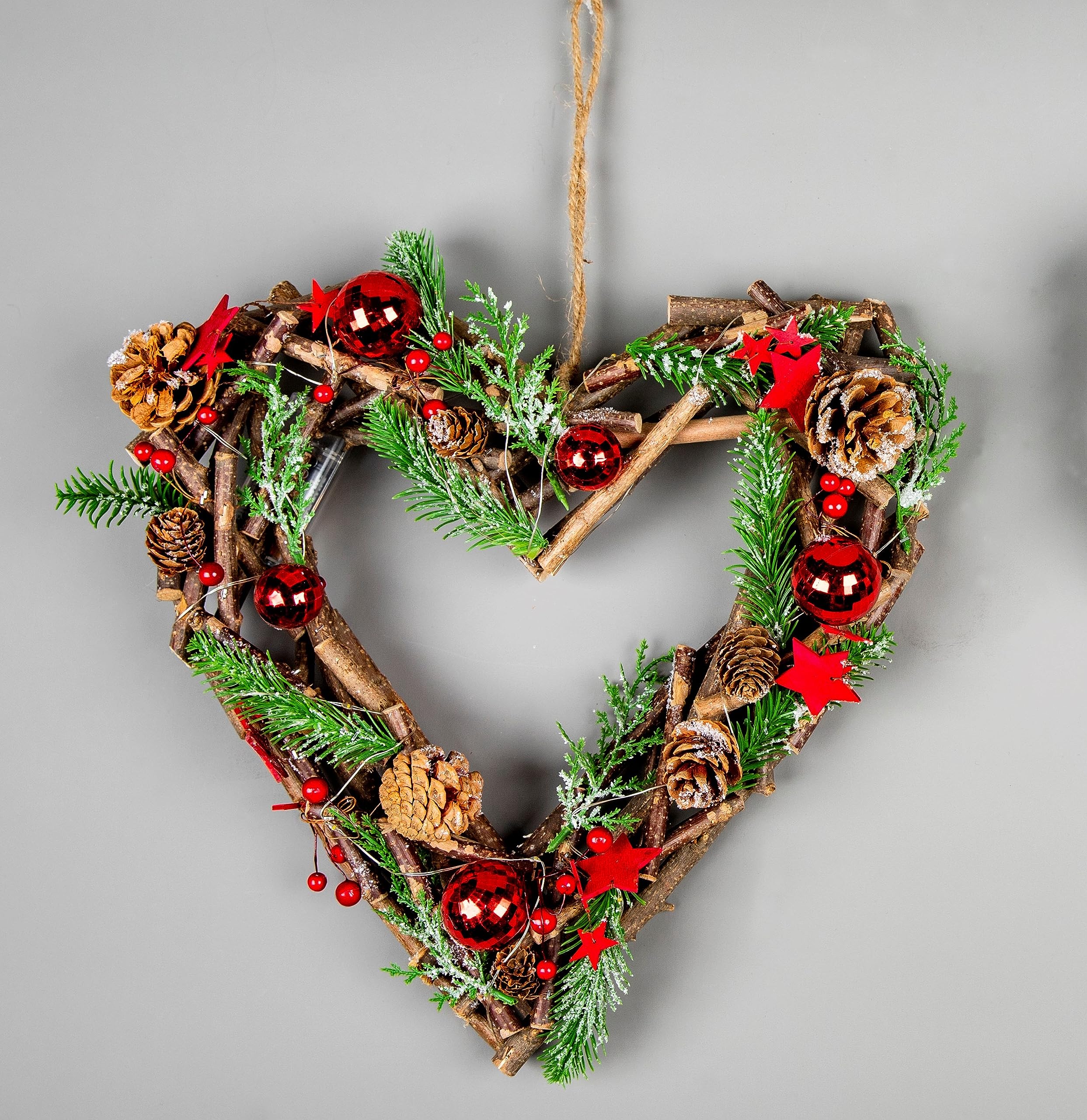 Christmas Heart Wreath SHATCHI 35cm Prelit Hanging Wooden Twigs Base Decoration