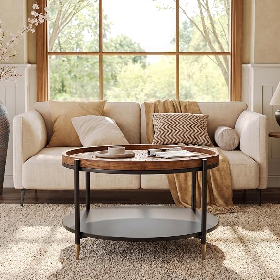 31.5 Solid Wood Round Coffee Table, Boho Circle Center Table with Metal Storage Base & Floral Carved Tabletop, 2-Tier Living Room Table Furniture for Home, Apartment, Office, Brown