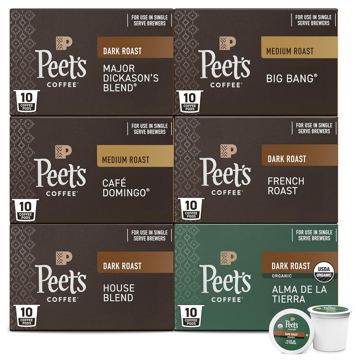 (SIMILAR TO STOCK PHOTO)Peet's Coffee, Keurig K-Cup Pods Variety Pack - Major Dickason's Blend, Big Bang, French Roast, Café Domingo, Organic Alma De La Tierra, House Blend, 60 Count (6 Boxes of 10 Pods) Bestsellers Variety Pack 10 Count (Pack of 6)