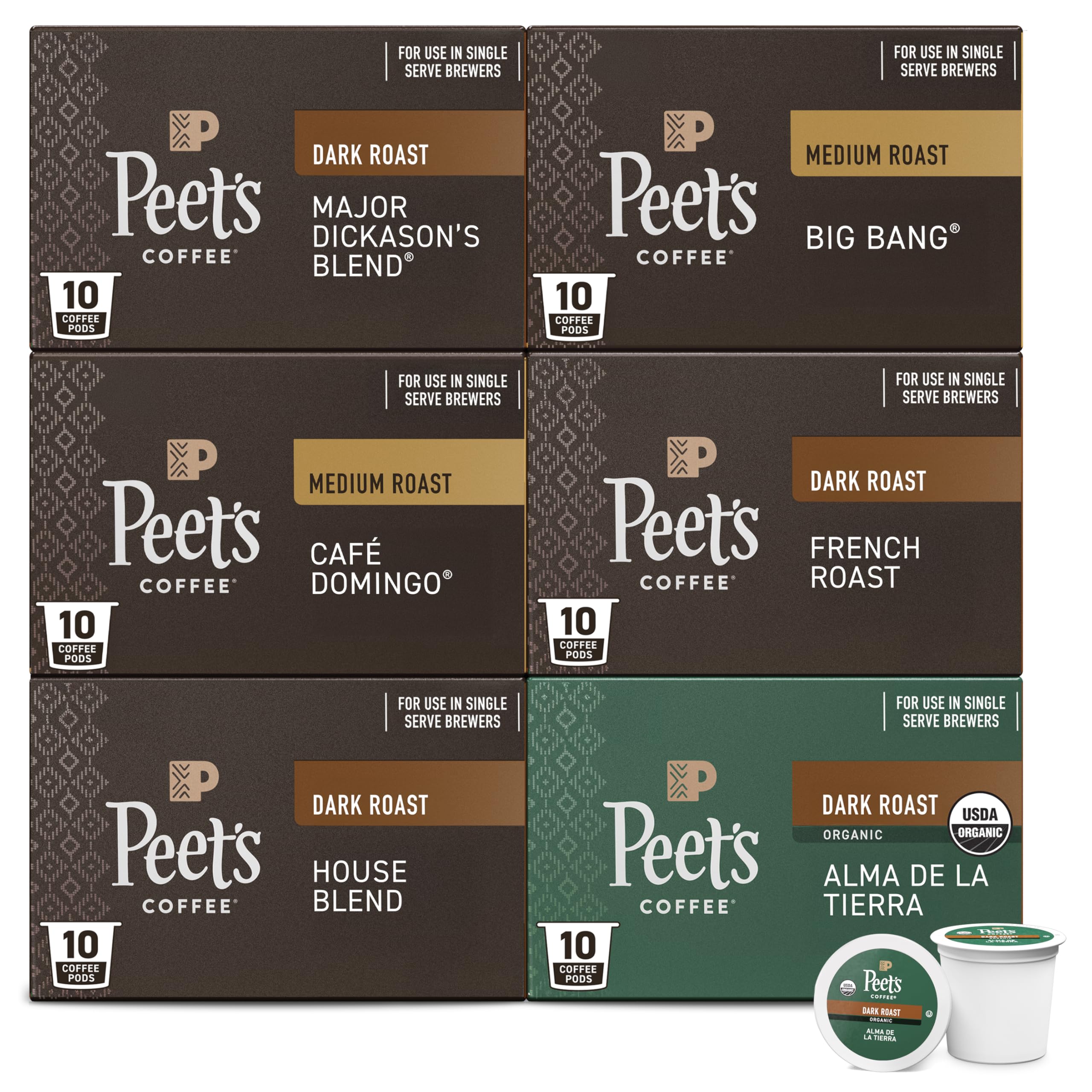 Peet's Coffee, Keurig K-Cup Pods Variety Pack - Major Dickason's Blend, Big Bang, French Roast, Café Domingo, Organic Alma De La Tierra, House Blend, 60 Count (6 Boxes of 10 Pods)