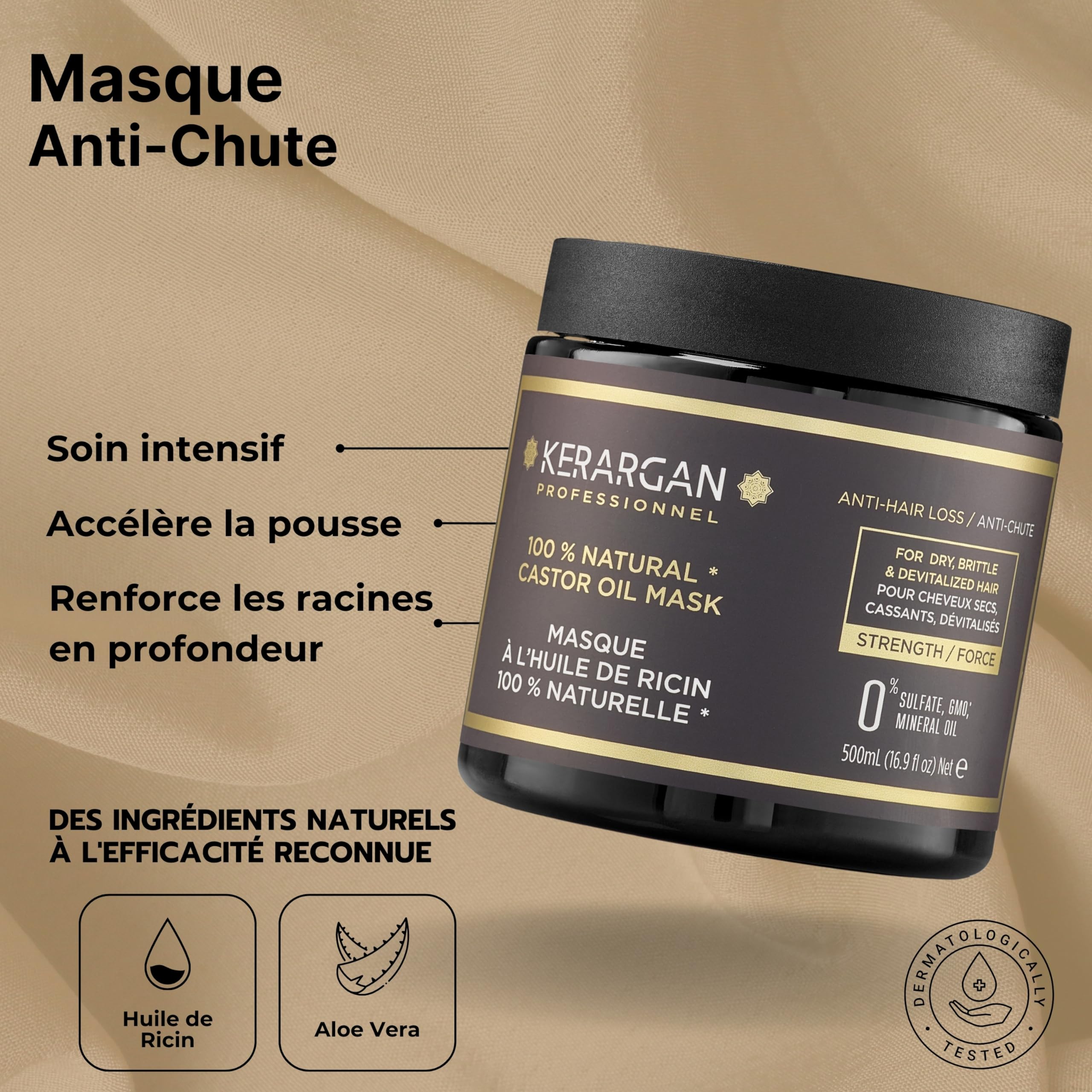 KERARGAN - Routine Ricin 6 Soins Anti-Chute - 3x500ml+100ml+350ml+250ml | Shampoing, après-shampoing, masque, sérum, soin sans rinçage et gommage, routine anti-chute complète