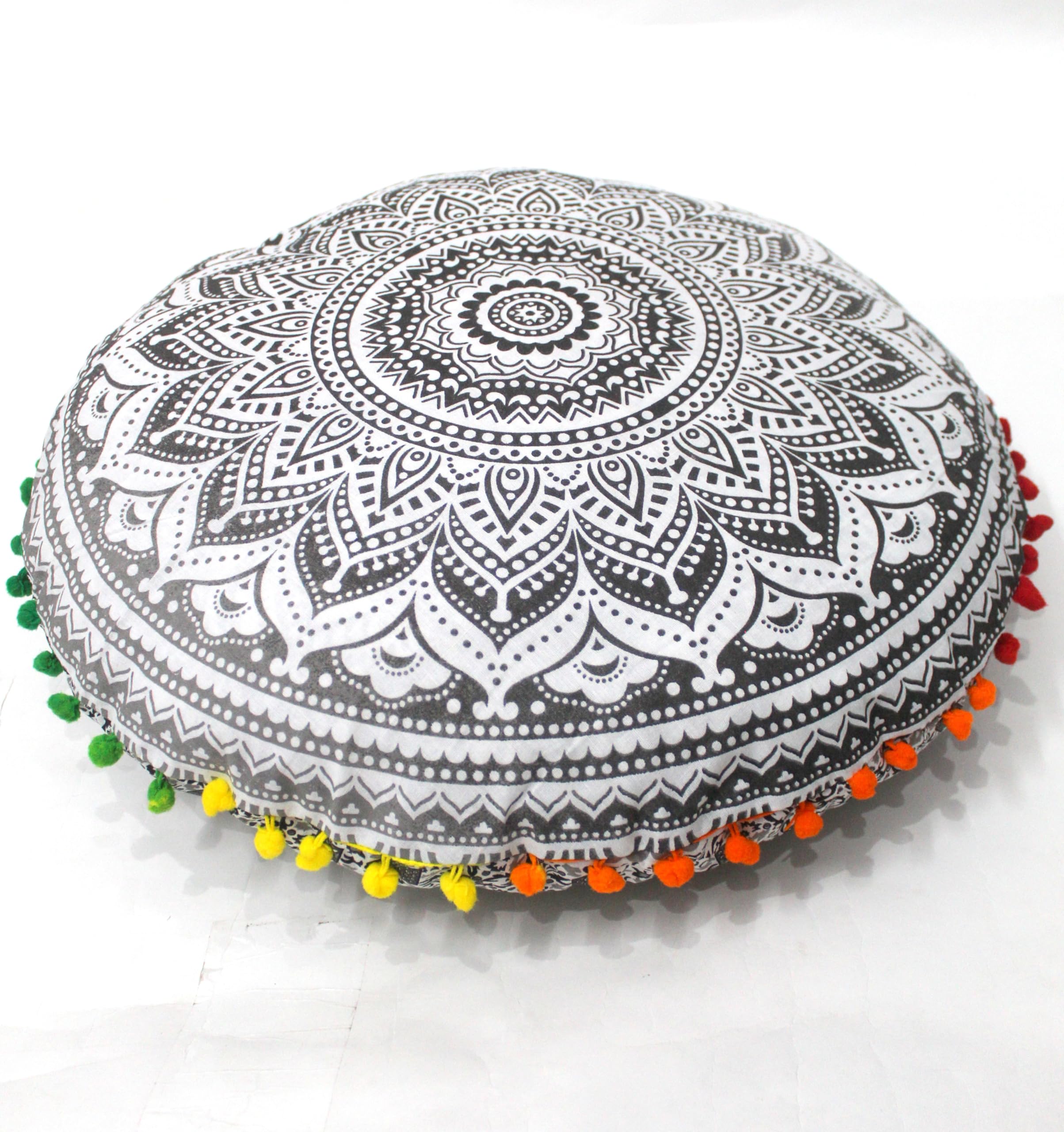 Round Mandala Floor Pillow Cover Seating Cushion Throw Cover Hippie Decorative Bohemian Ottoman Pouf Cover, Pom Pom Pillow Cases,Boho Indian Grey, 22" Round