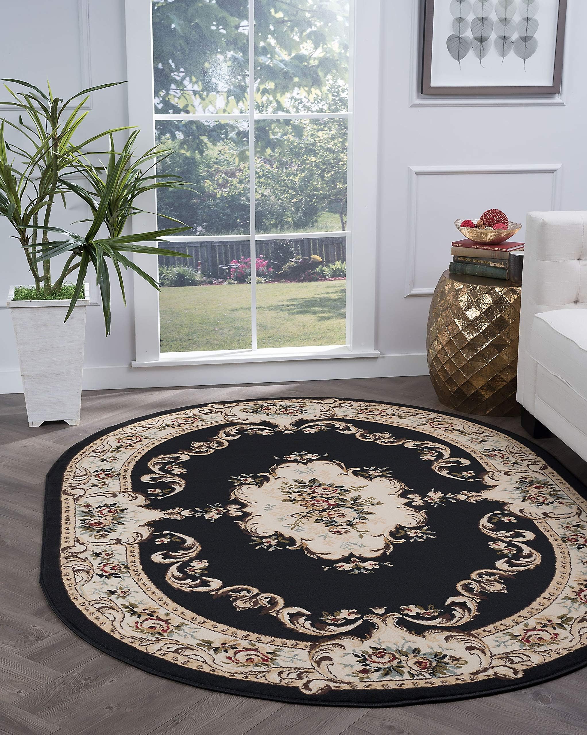 Angeline Traditional Floral Black Oval Area Rug, 5' x 7' Oval