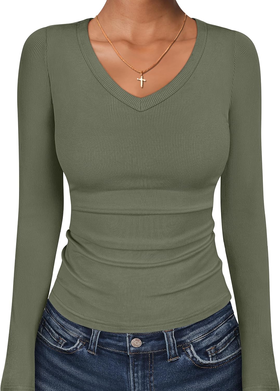 ANRABESS Long Sleeve Shirts for Women V Neck Ribbed...