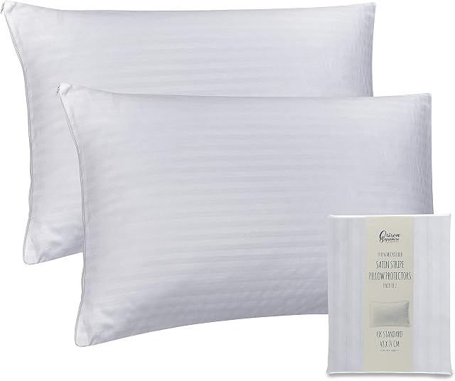 Orison Sapphire® Pillow Protectors 2 Pack | 100% Microfiber Ultra Soft Satin Stripe Pillow Cases | Anti Allergy & Anti Dust Mite, Breathable & Zipped White Pillow Covers | UK Standard Size 48x74 CM