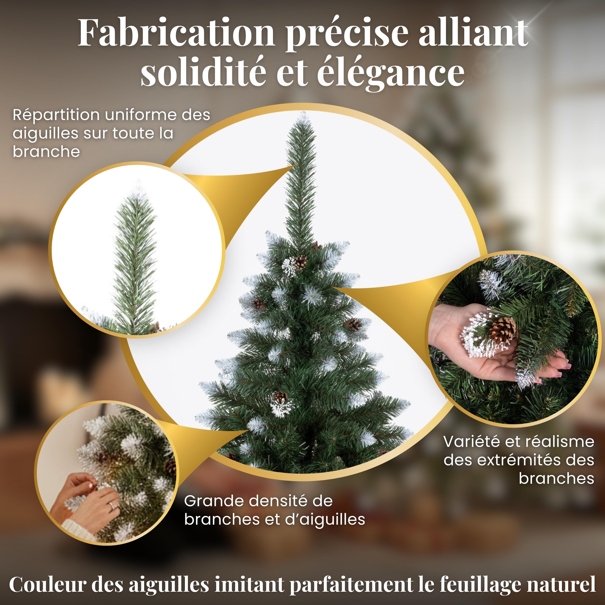 SPRINGOS Sapin de Noël artificiel en pin diamanté, neige artificielle, véritables cônes, 120 cm