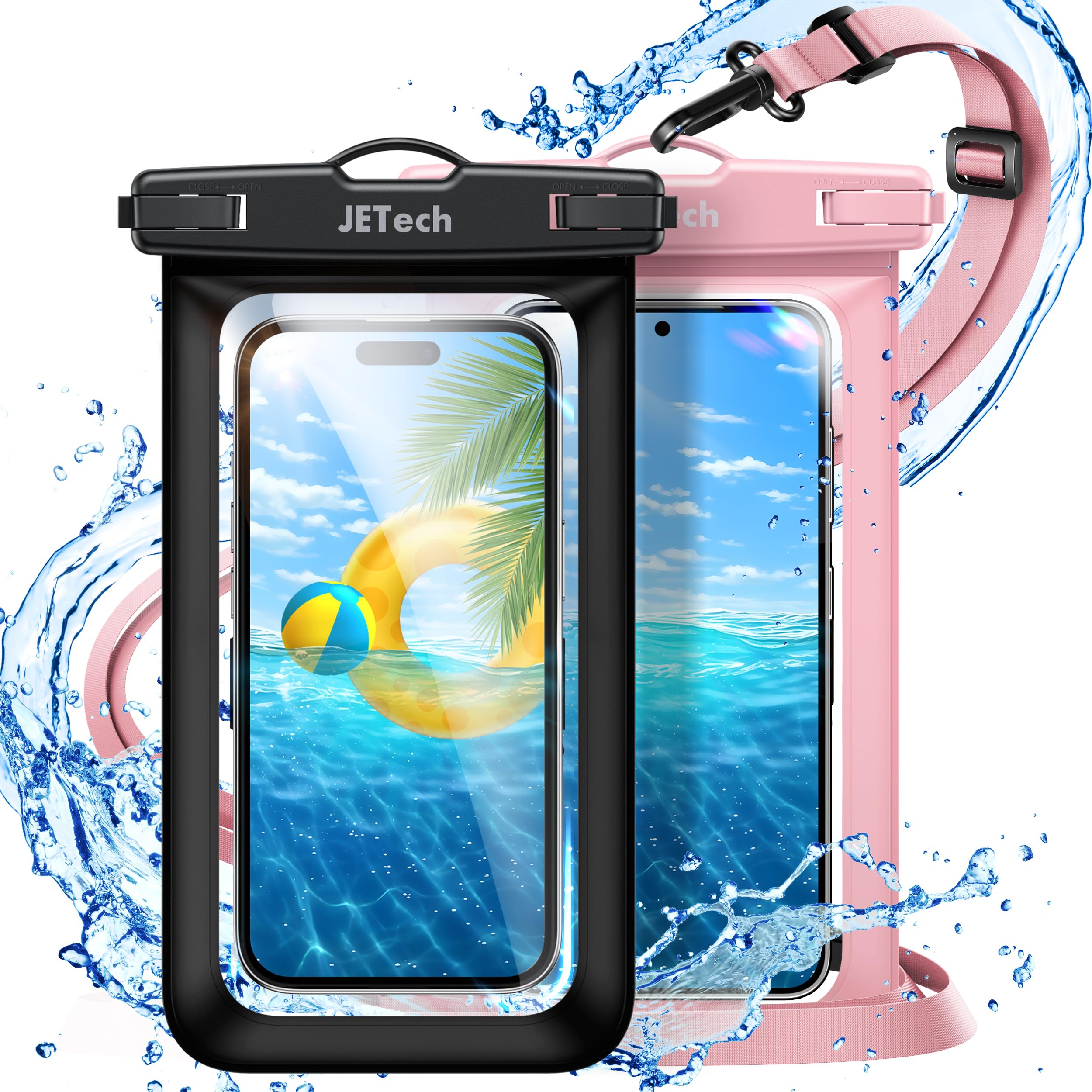 JETech Custodia Impermeabile Smartphone, 2 Pezzi Cover per iPhone 17e 17 16e 16 15 14 Air Pro Max Plus, Galaxy S26 S25 Ultra, Pixel 10 Serie e Altri Fino a 7,2", IPX8 Borsa Asciutta (Nero+Rosa)