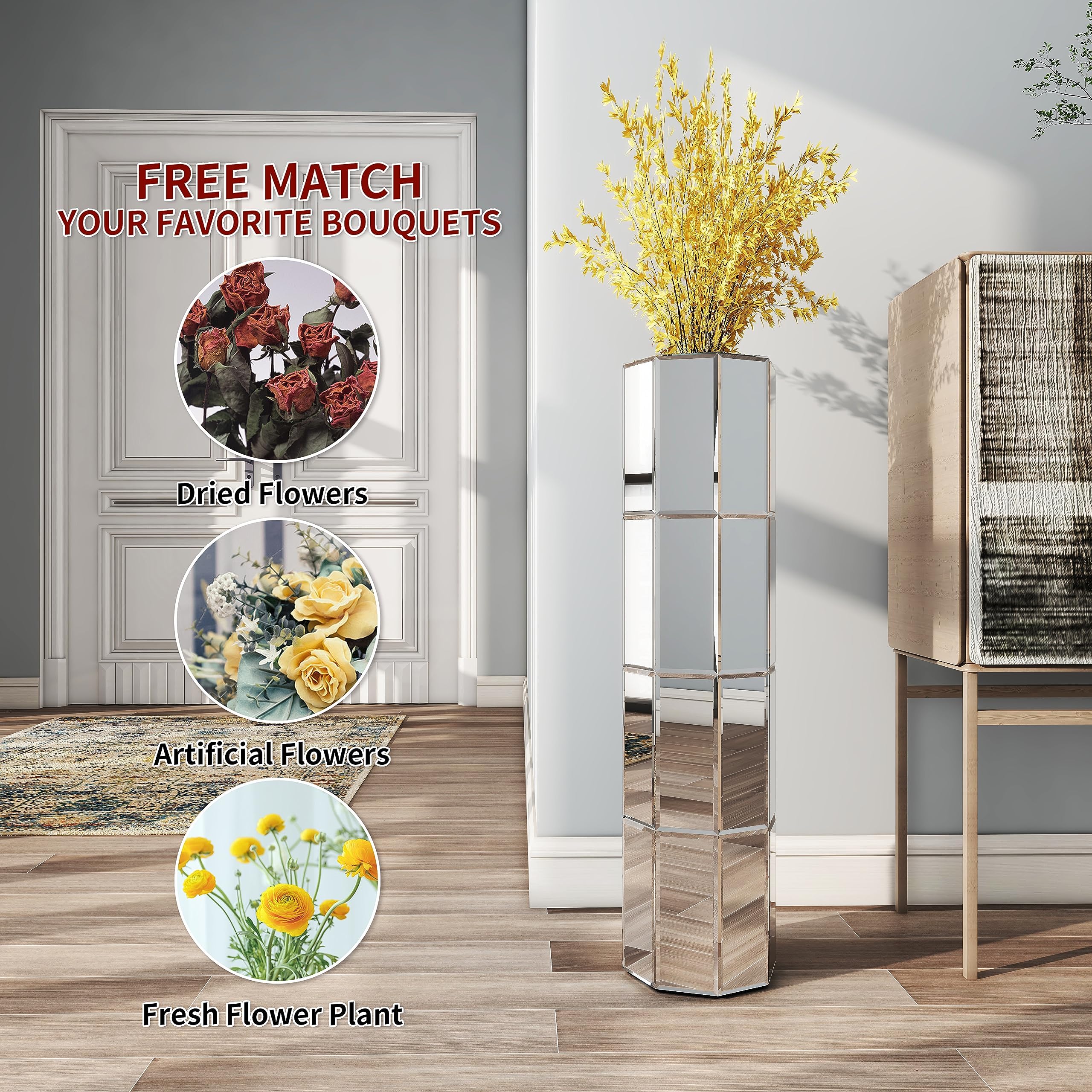 SHYFOY Bodenvase Groß 70 cm, Bodenvase Glas, Spiegelfläche, MDF-Struktur, Deko Bodenvase XXL für Kunstpflanzen und Pampasgras, Achteckiger Zylinder, Silber